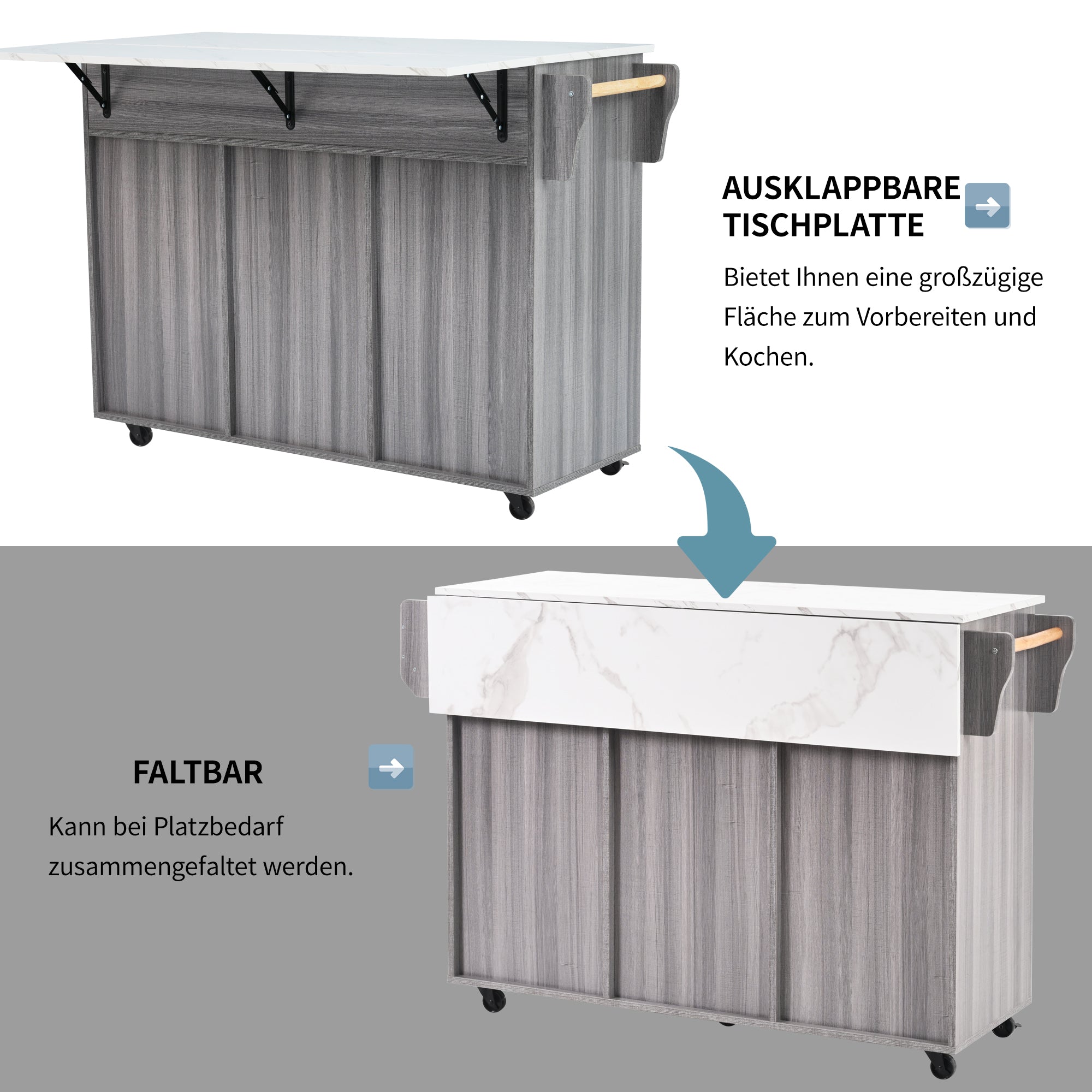 Serving Trolley Side Cabinet 139cm Folding Worktop Storage Doors Grey/White Veneer