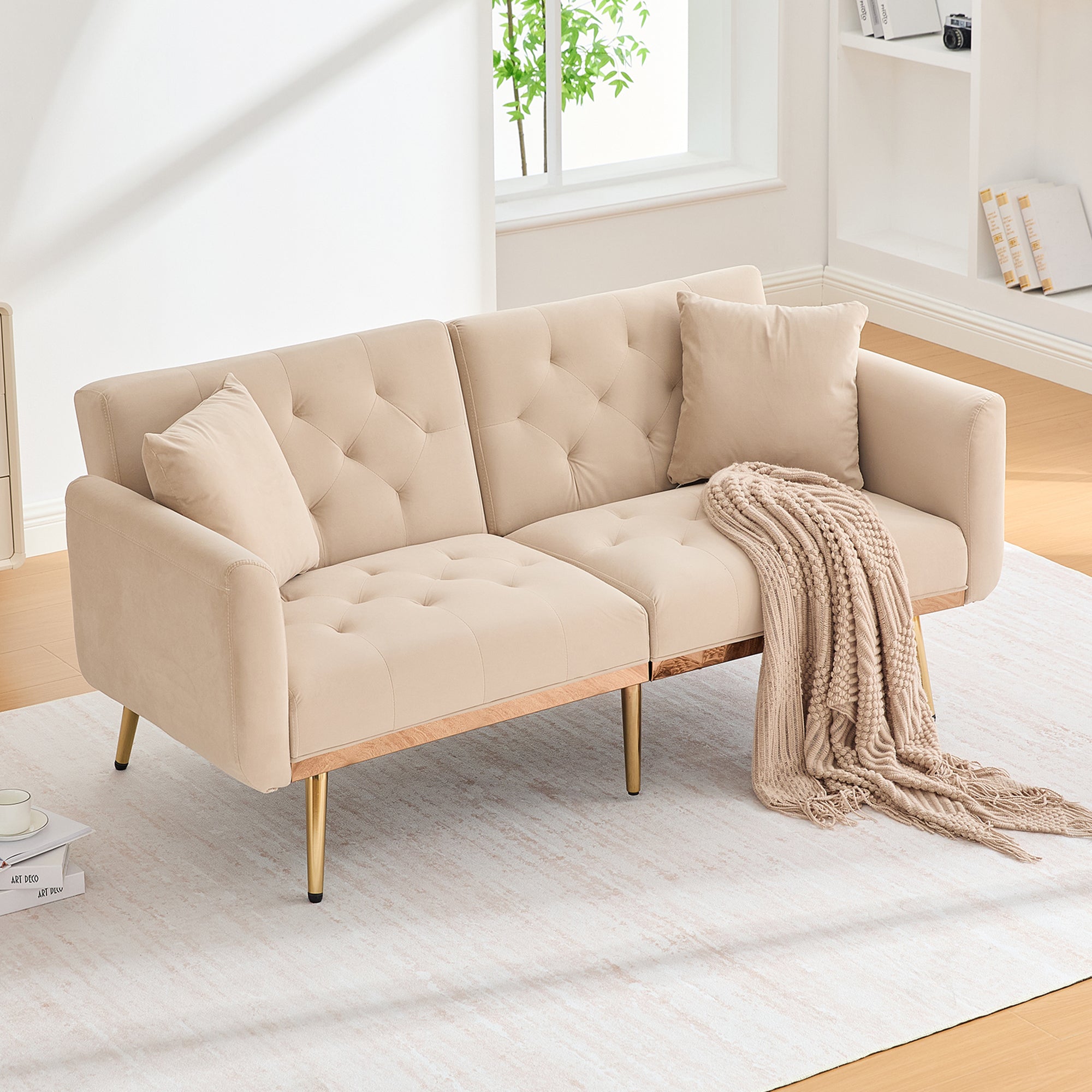 Double Sofa, Modern Velvet Sofa Bed with Adjustable Backrest, Beige