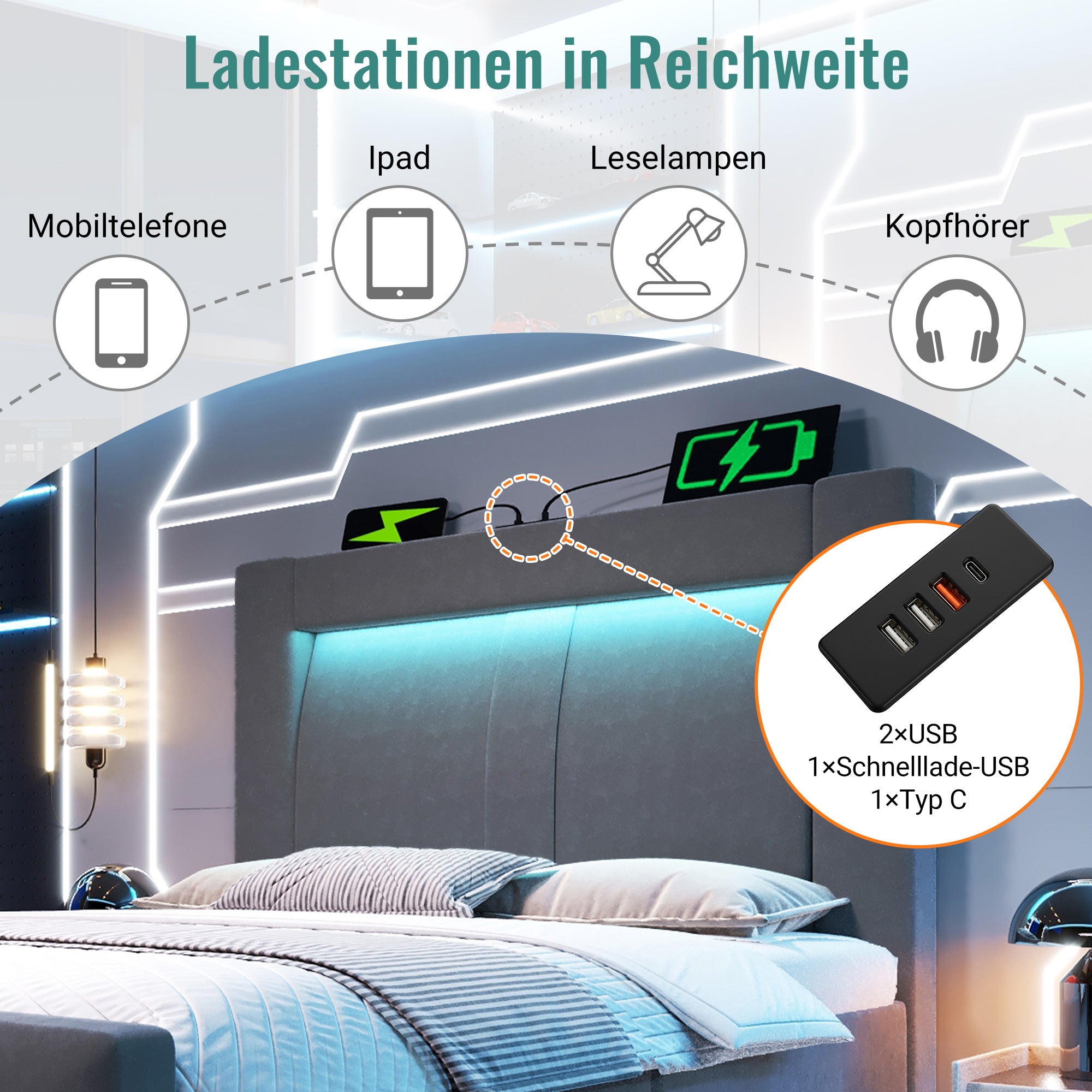 Single Bed 90x200cm Hydraulic Storage LED App USB/Type-C Velvet Grey