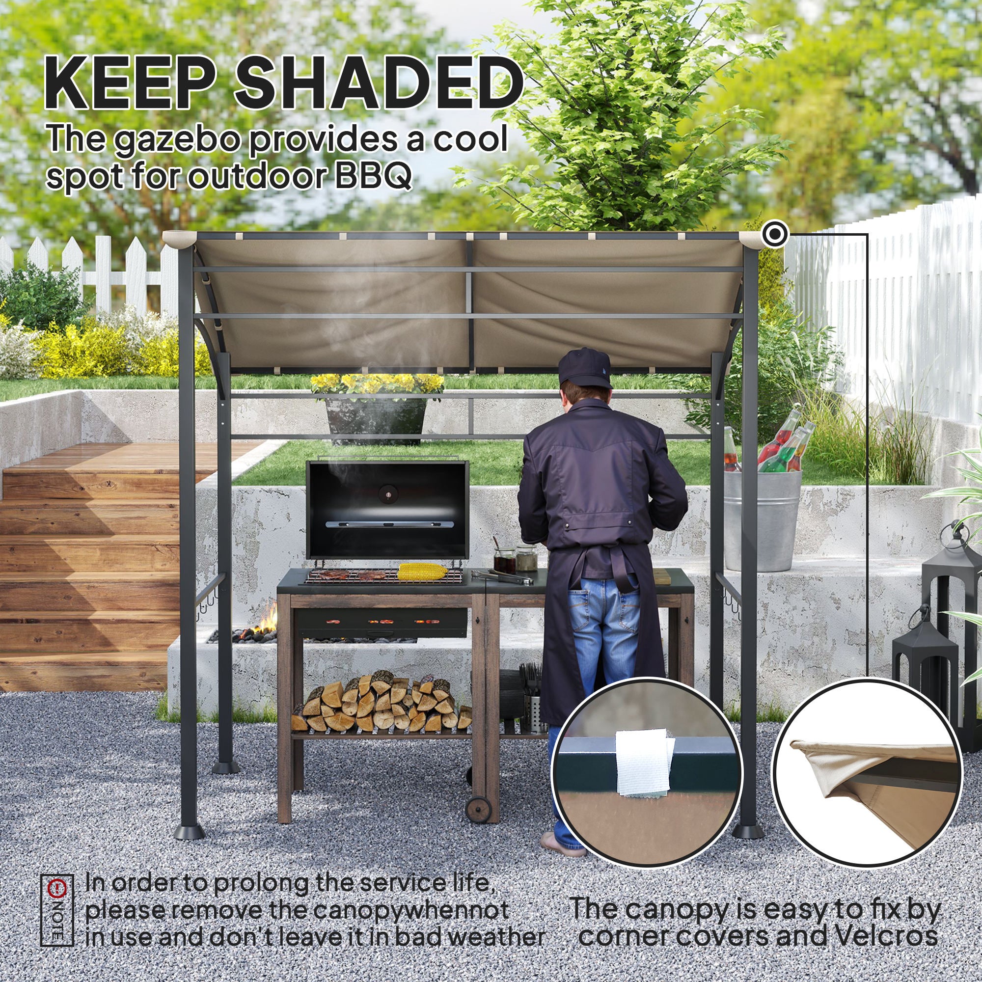 BBQ Grill Gazebo Tent 2.2x1.5m Metal Frame Curved Canopy 10 Hooks, Khaki