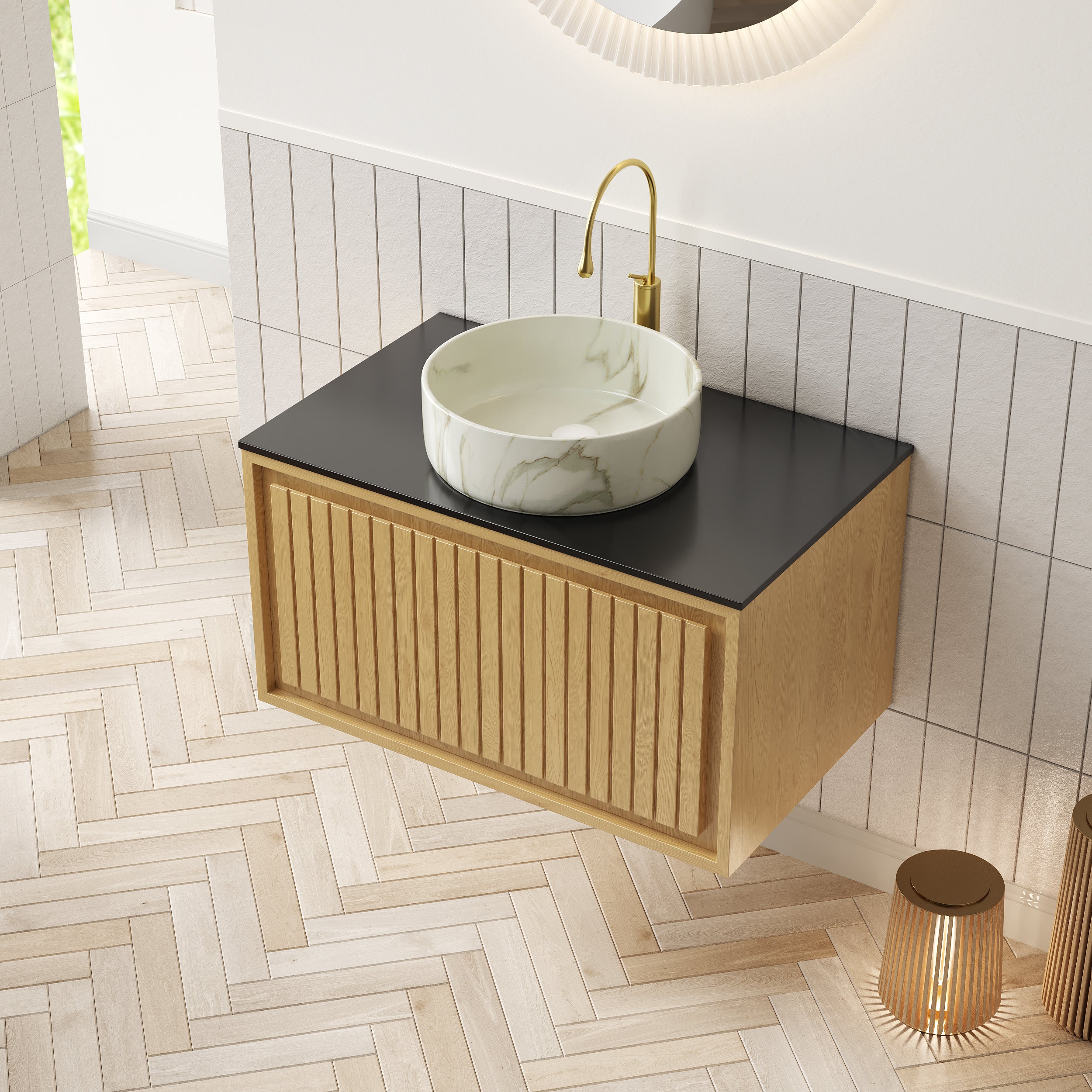 Wall-Hung Bathroom Sink with Sintered Stone Countertop and Ceramic Basin, Corolla Oak Wood Grain
