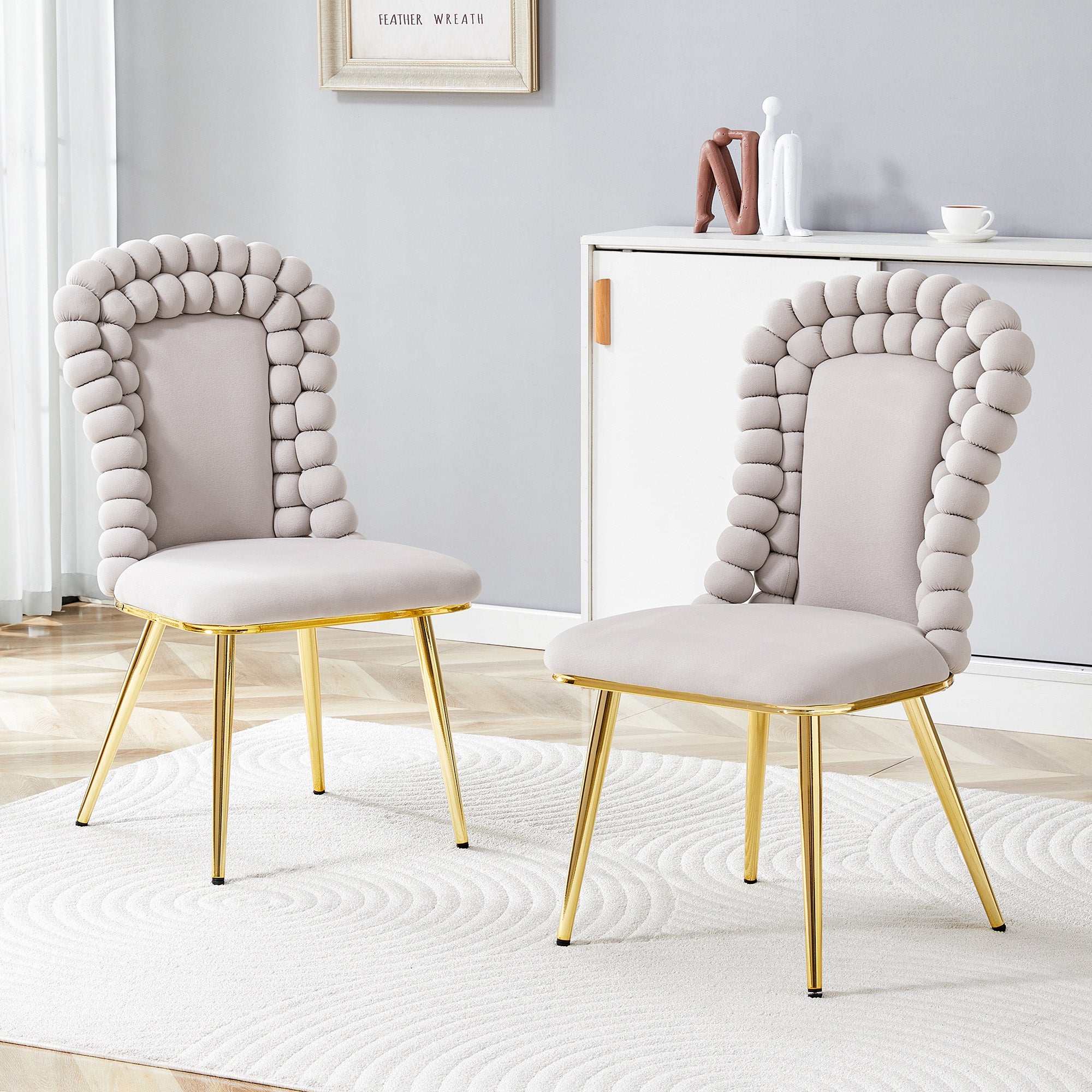 Dining Chairs (Set of 2) Ball Chain Backrest Gold-Plated Metal Legs, Light Grey Velvet