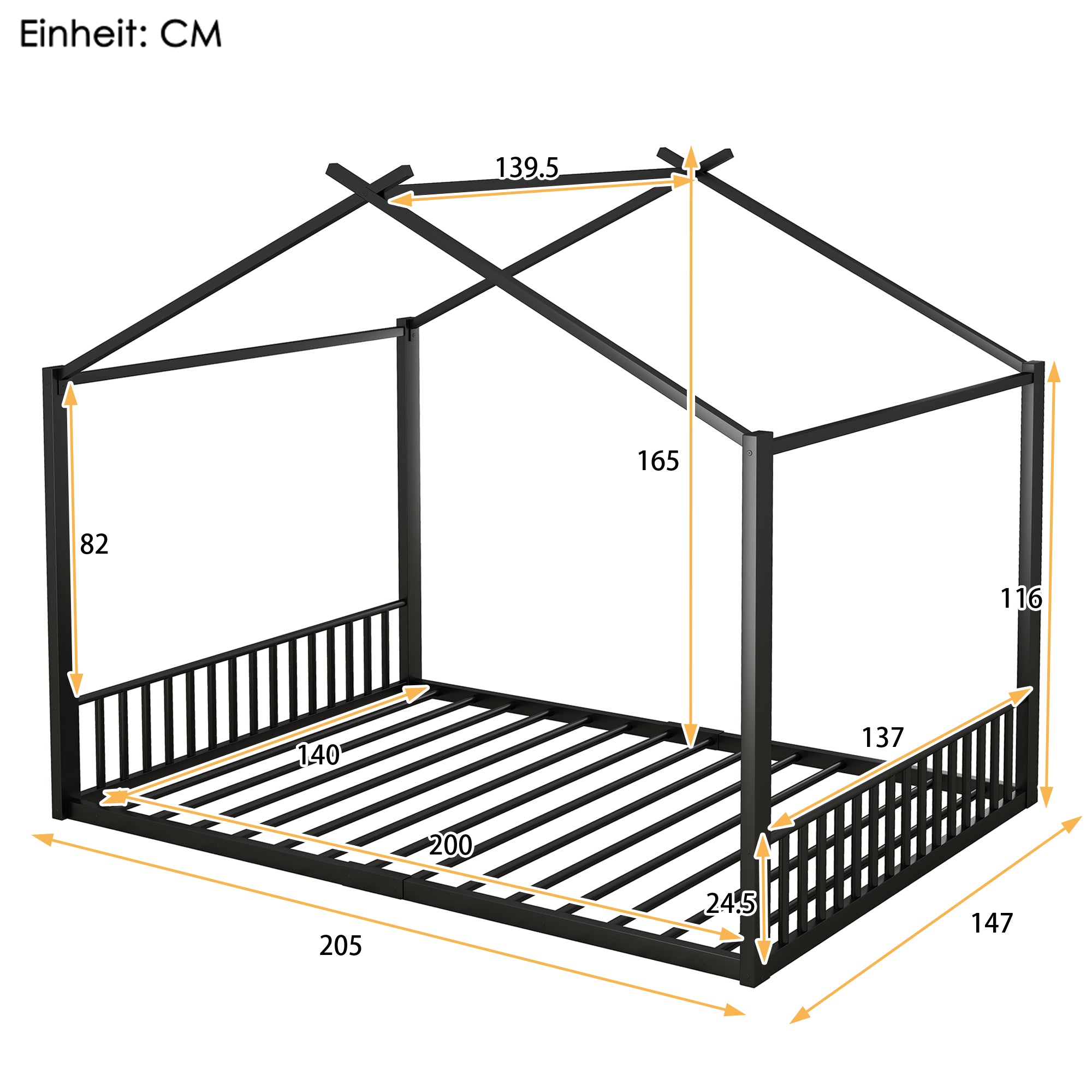 Children's Bed, 140x200cm House Rail Iron Frame, Black