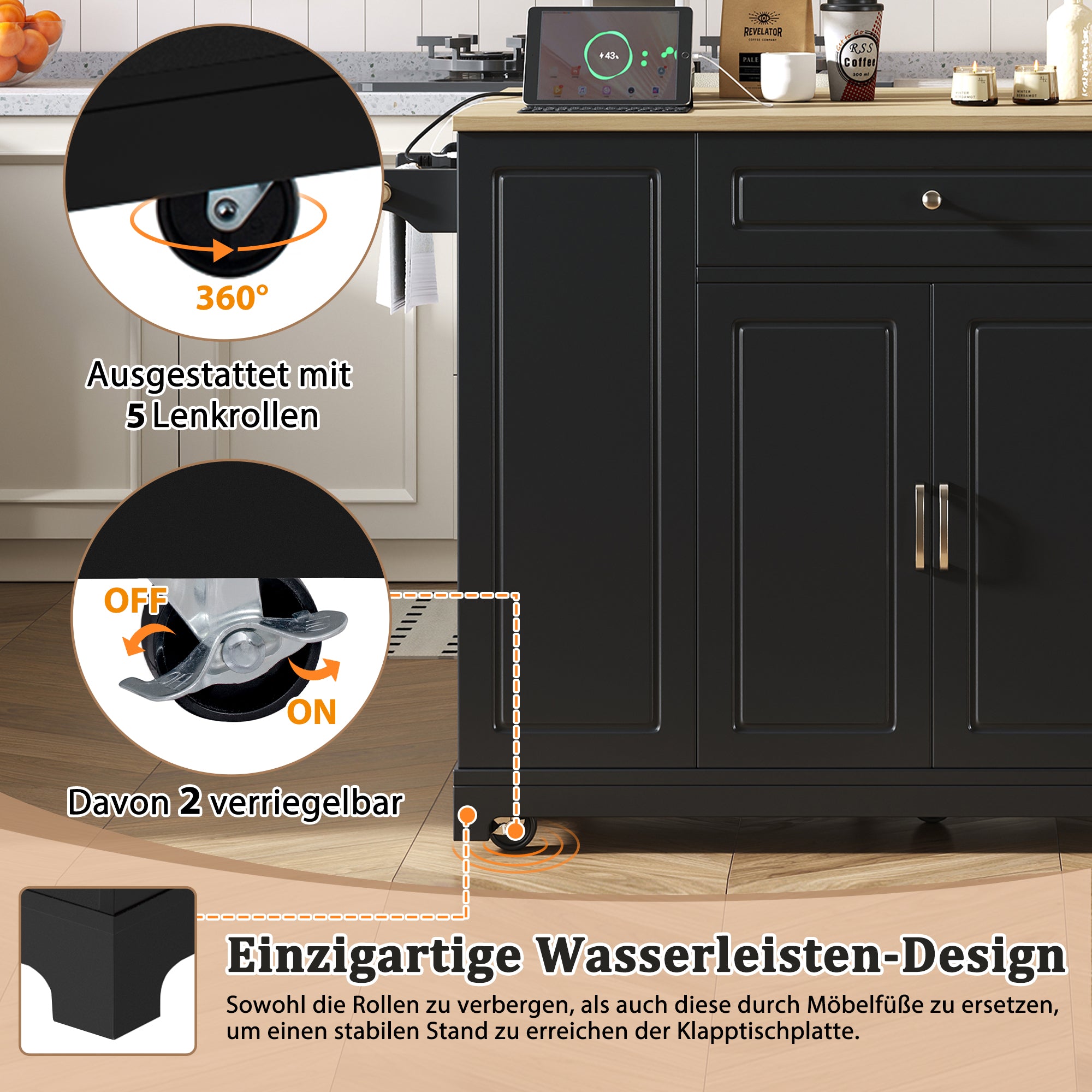 Mobile Kitchen Island Extendable Dining Area Drawers Waste Bin - Black