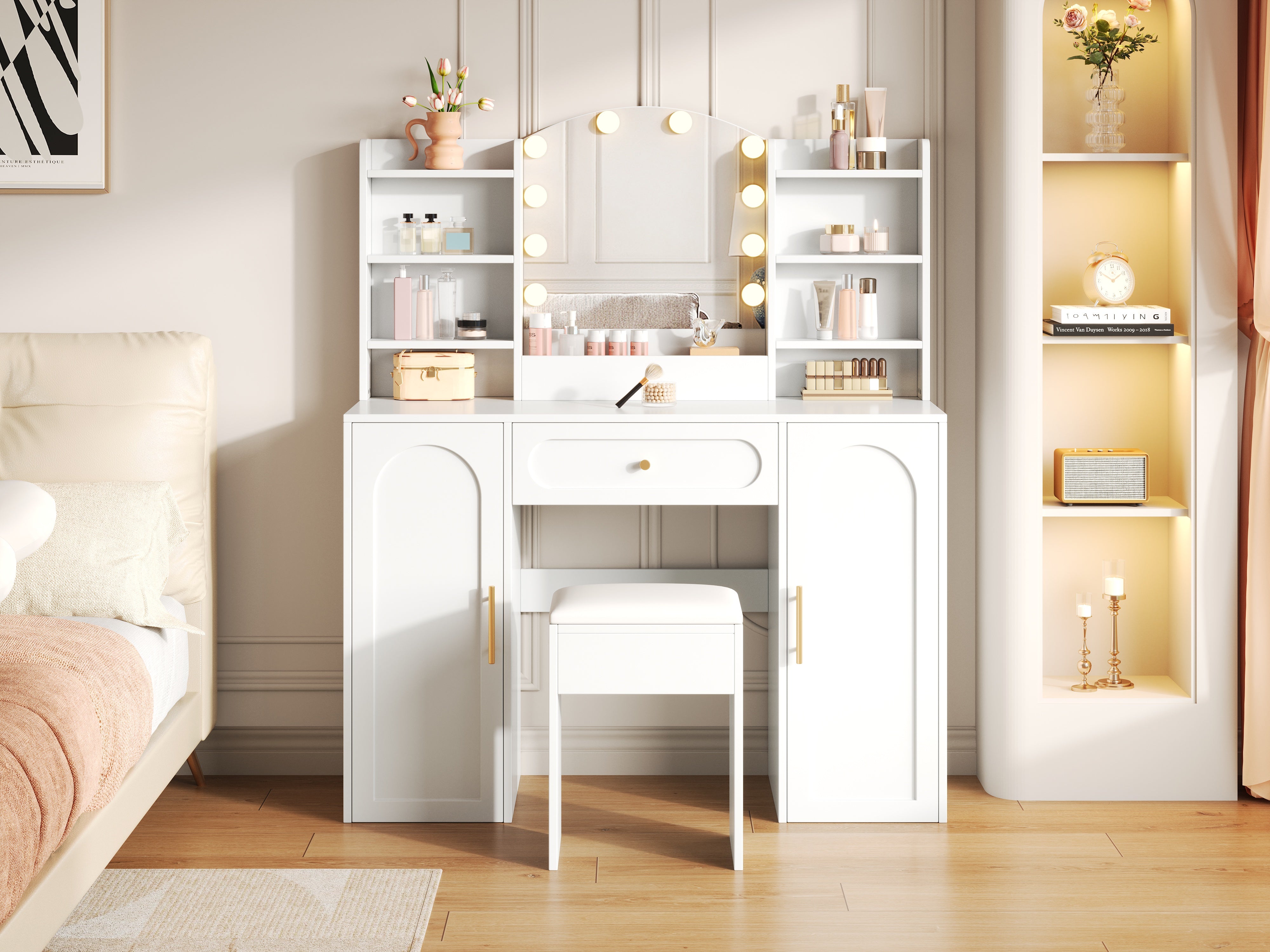 Large Vanity Table with LED Lighting, Mirror and Stool, White