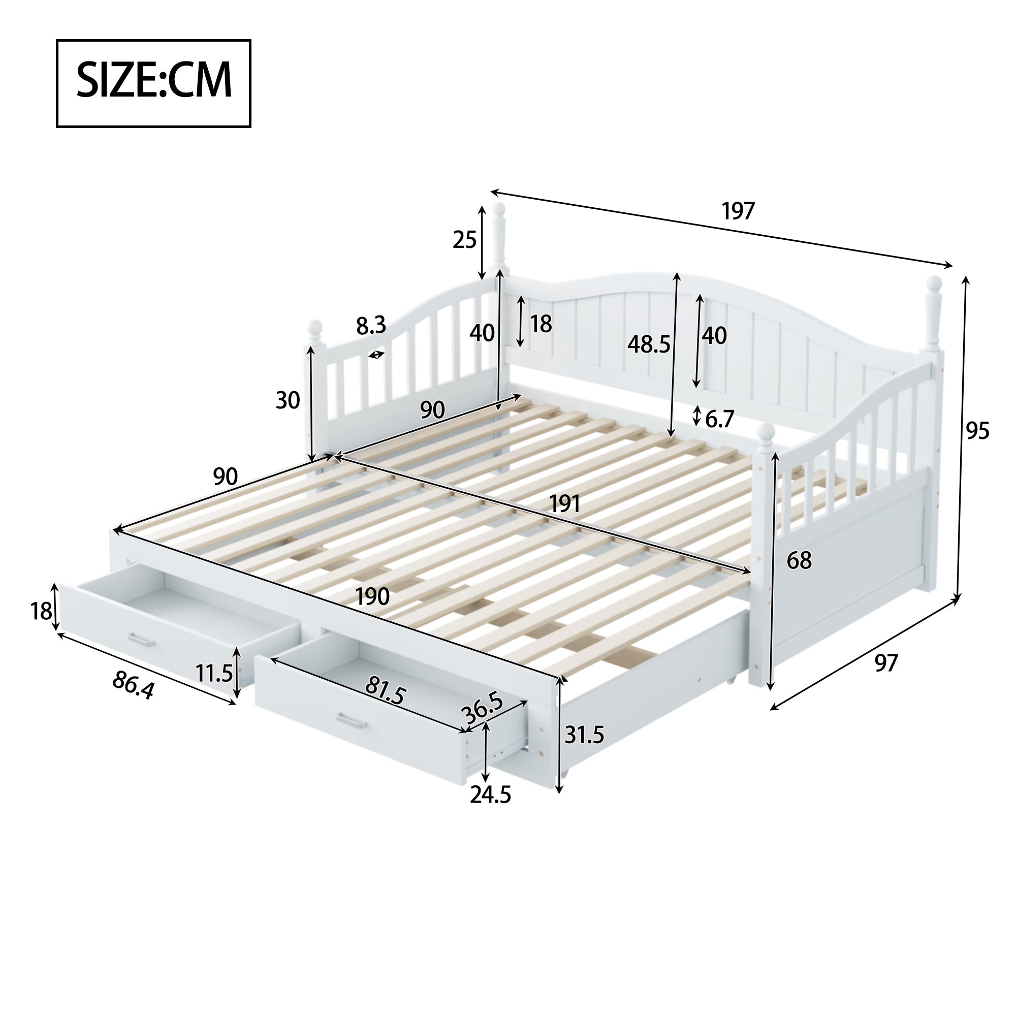 Sofa Bed, Pull-Out Multifunctional with Drawers & Slatted Frame, Pinewood White
