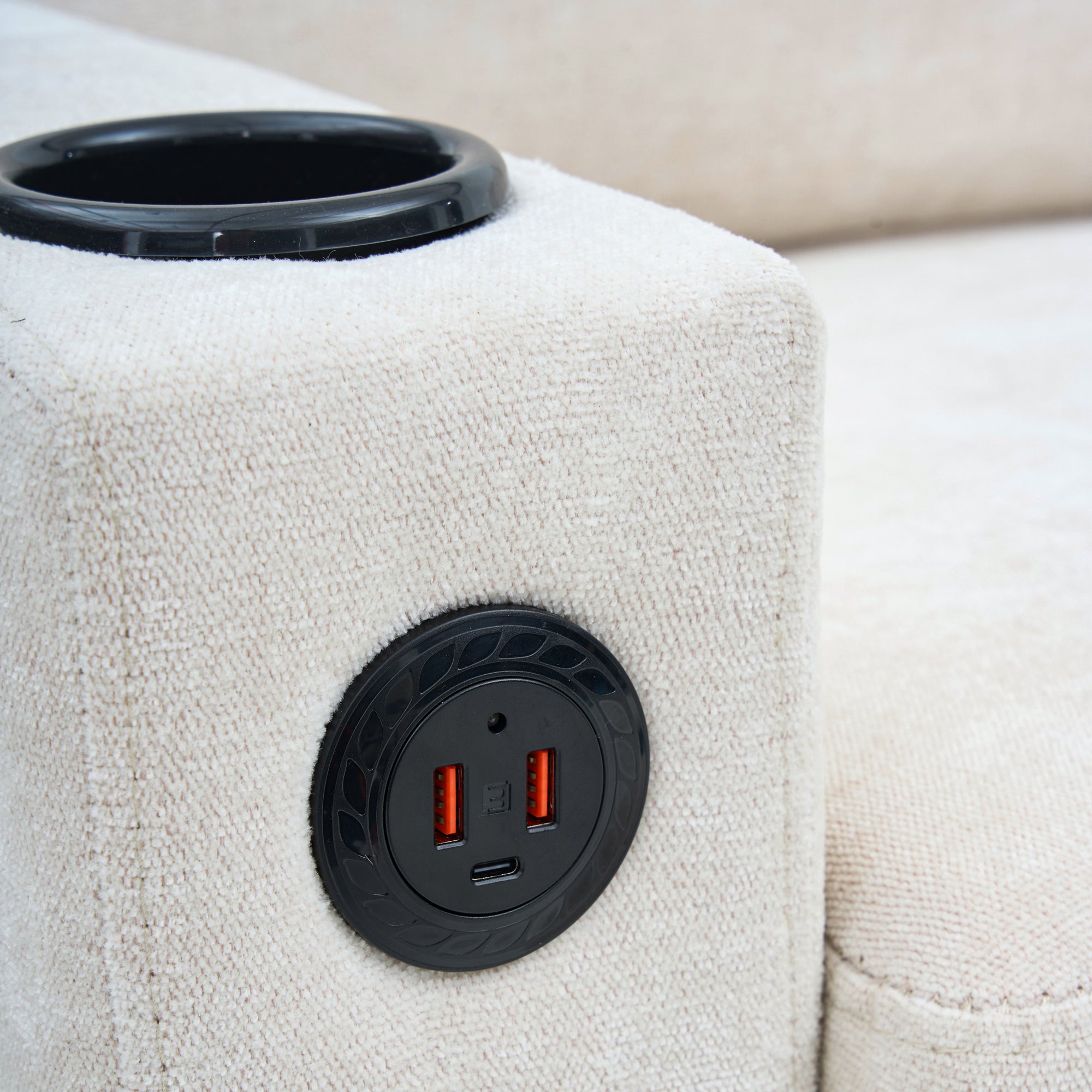 Upholstered Sofa, 3-Seater L-Shaped Sofa Bed with USB & Type-C Ports & Cup Holders, Beige