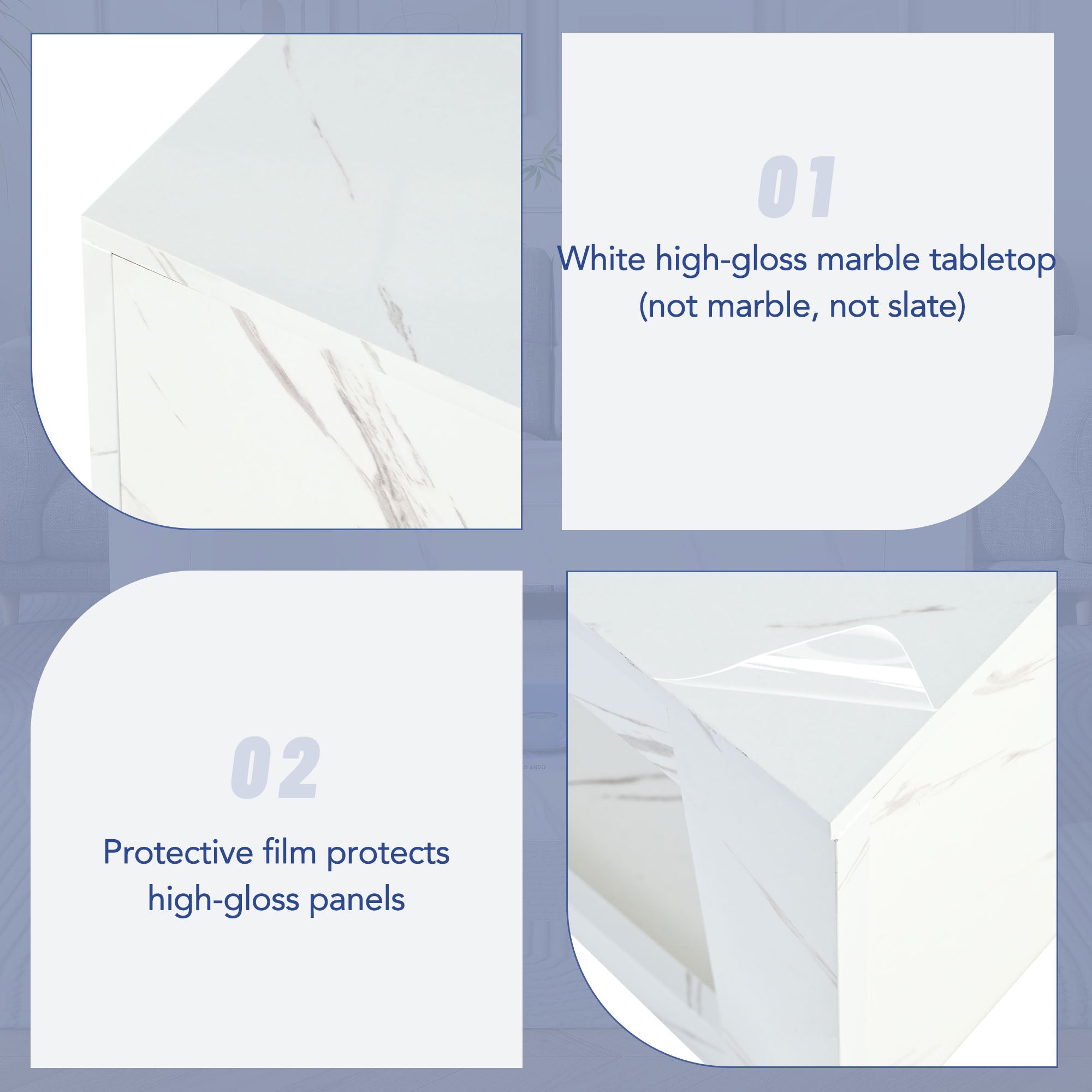 LED Coffee Table High-Gloss Remote Control Marble Print - White