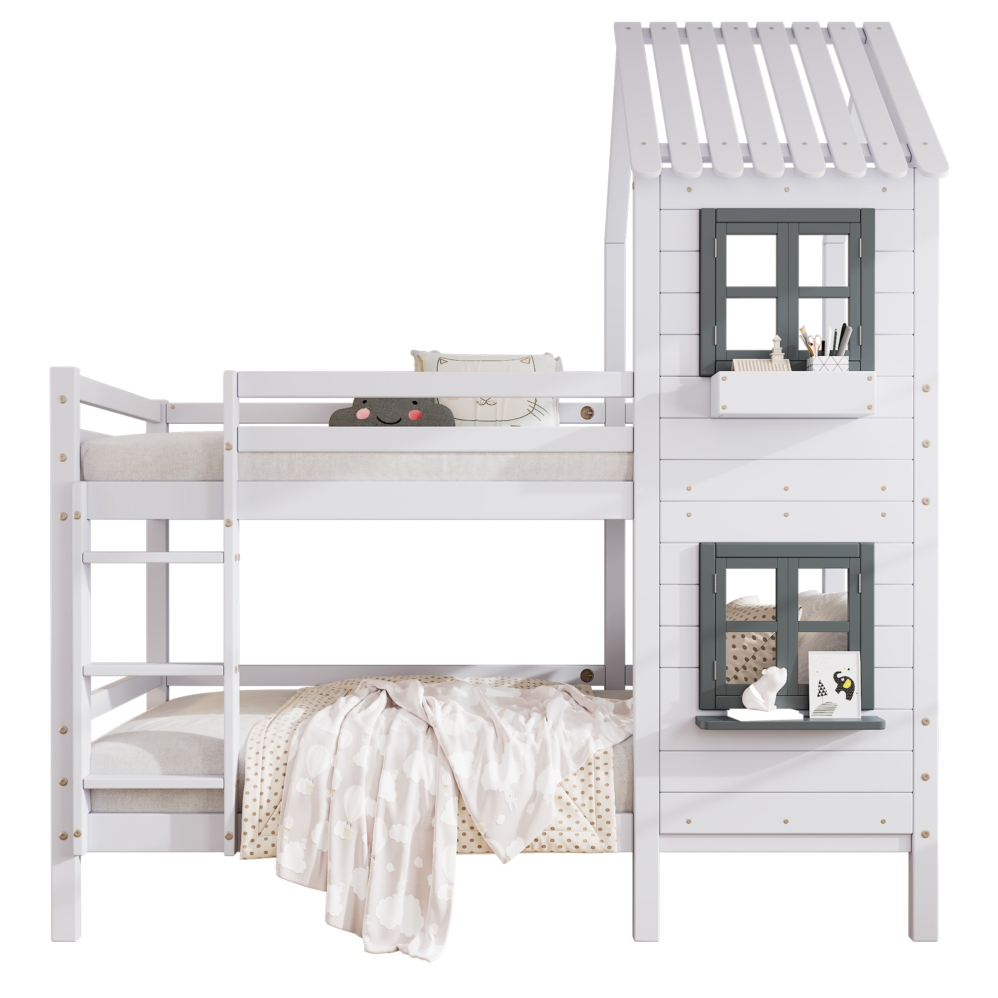 Bunk Bed, House Bed with Handrail & Window, Pine Frame, White