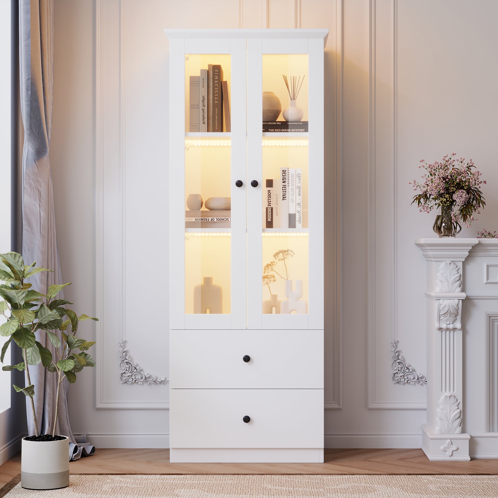 Modern LED Display Cabinet, 165cm, USB Port, 2 Drawers, Hinged Doors, Matte White MDF