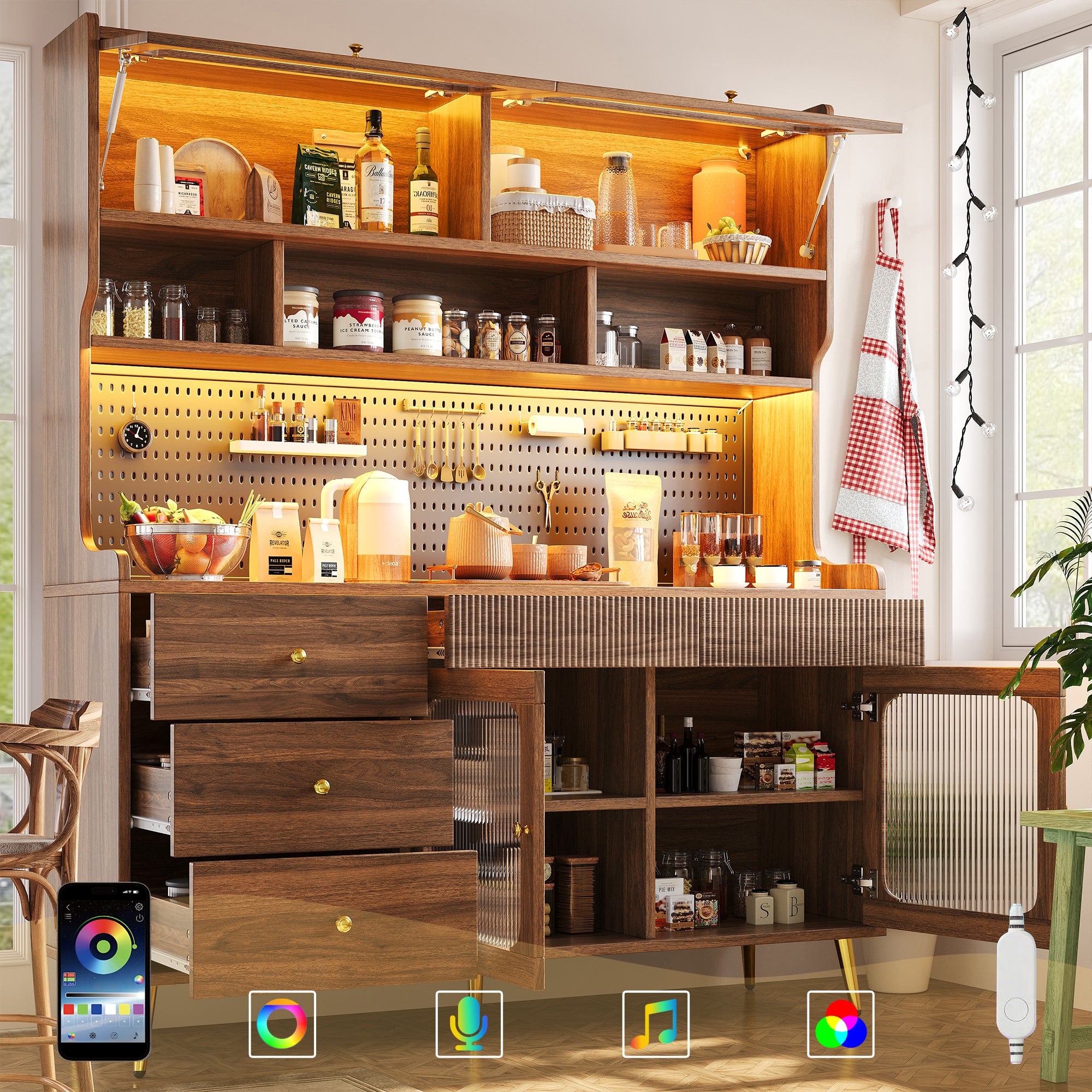 Modern Tall Sideboard 145x171cm with LED Lighting, App Control & Storage - Walnut