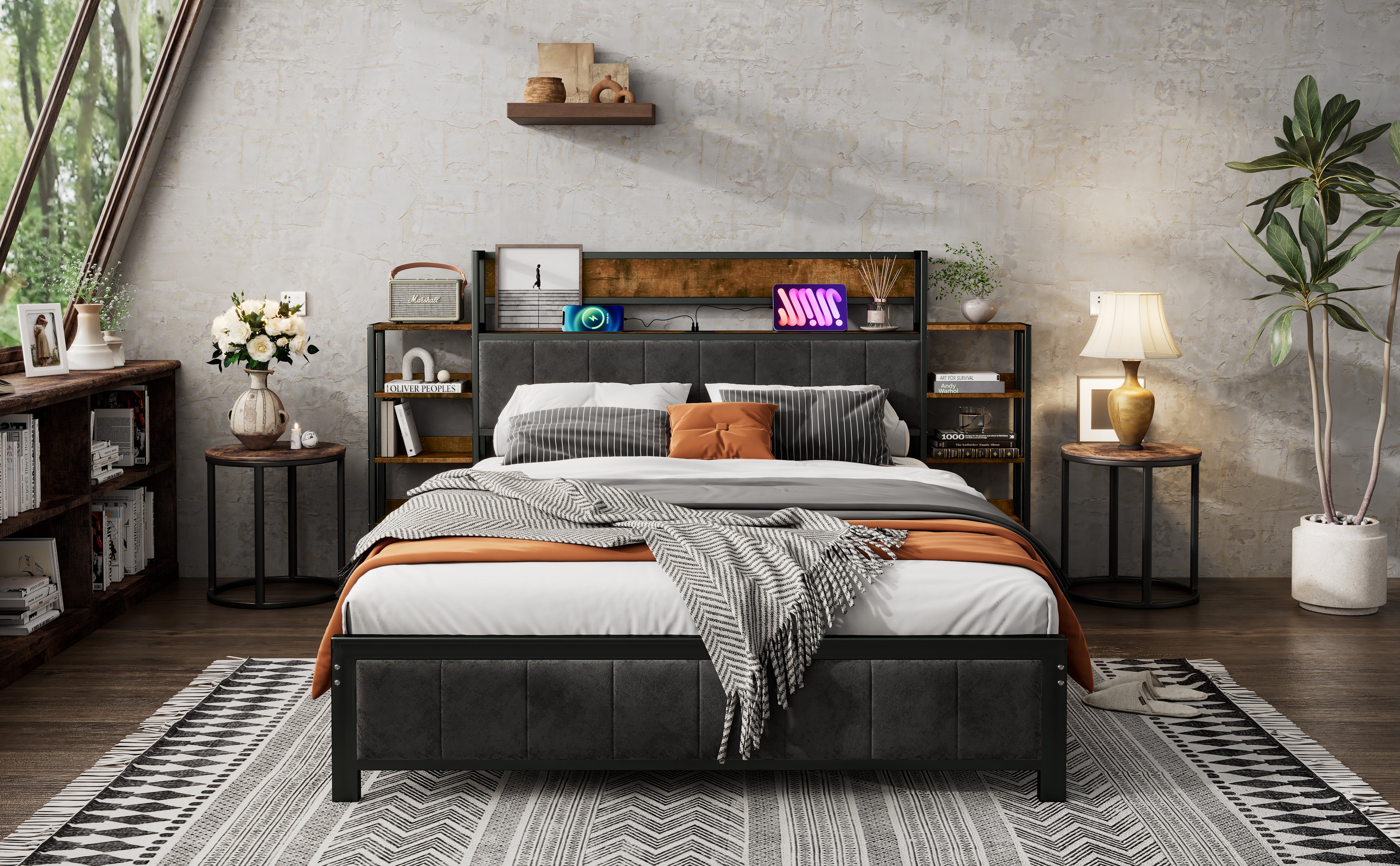 Metal Bed, Storage with Shelf & 3 USB Ports, Black & Walnut