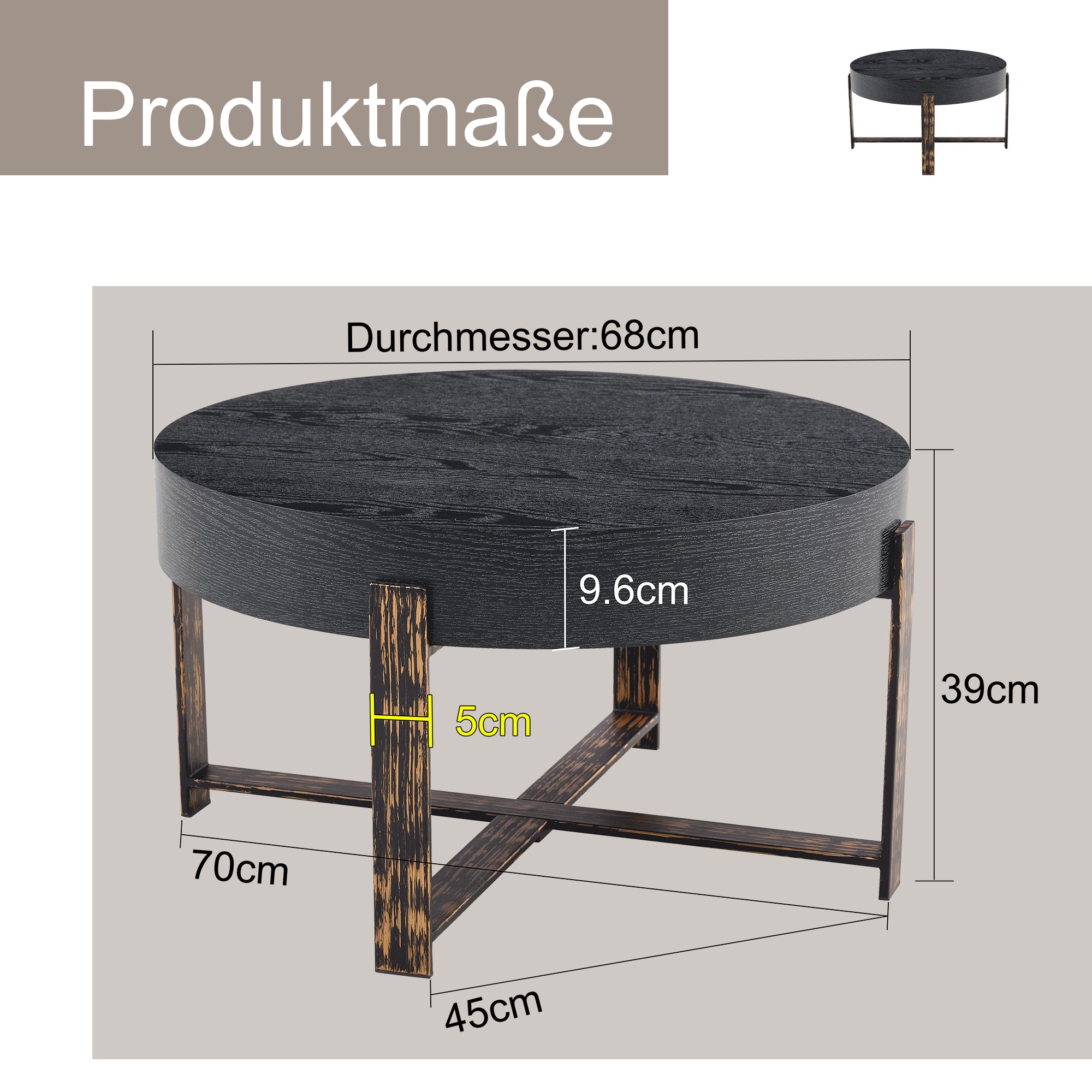 Side Table, Round Ø 68 cm, Metal Cross-legged, Black