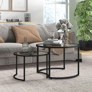 Coffee Table Set of 2, Stackable Side Tables, Black Steel & Tempered Glass