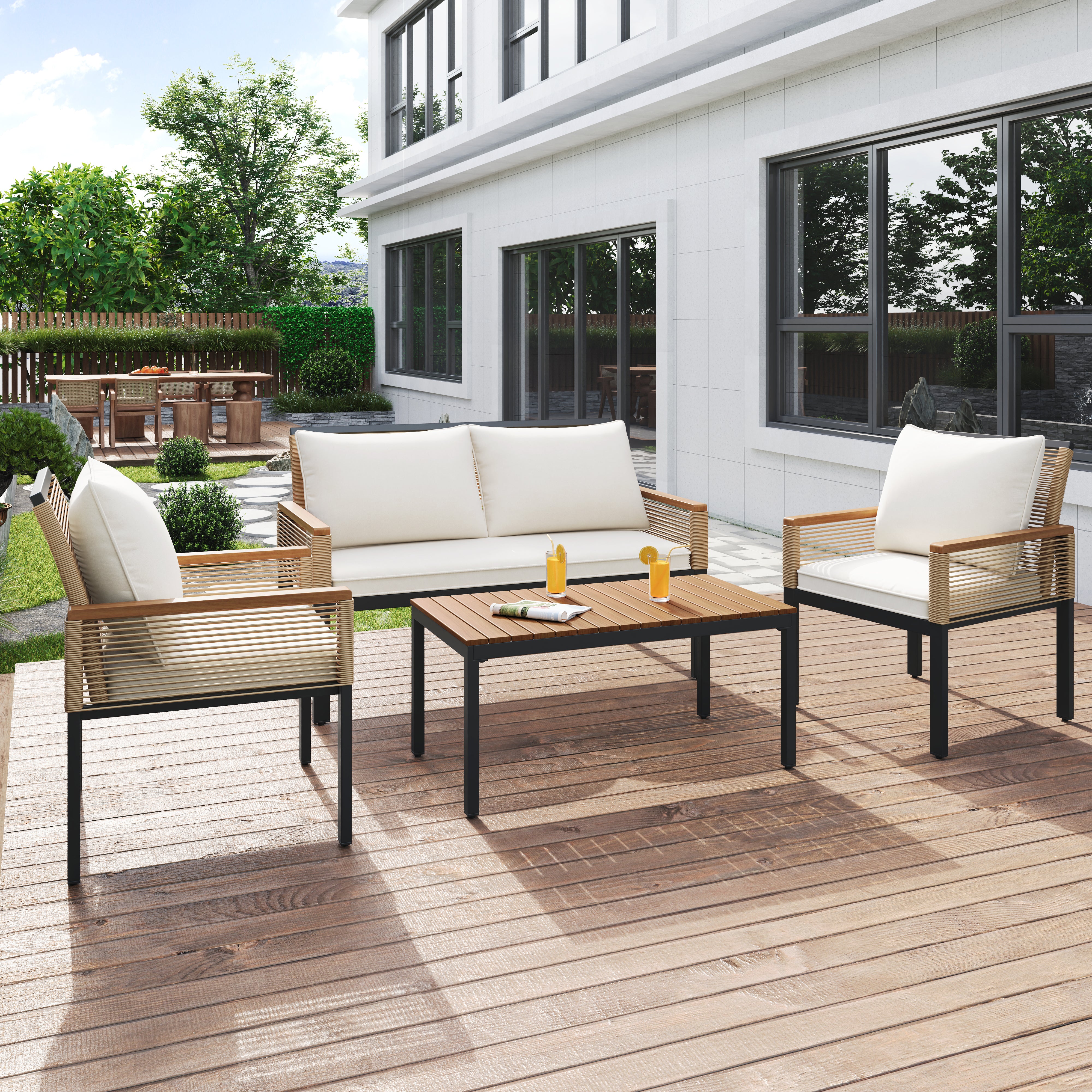 Garden Lounge Set with Double Sofa and 2 Armchairs, Rattan Beige