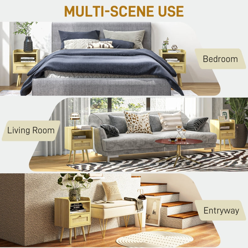 Rattan Weave Bedside Tables Set of Two, Wood Effect
