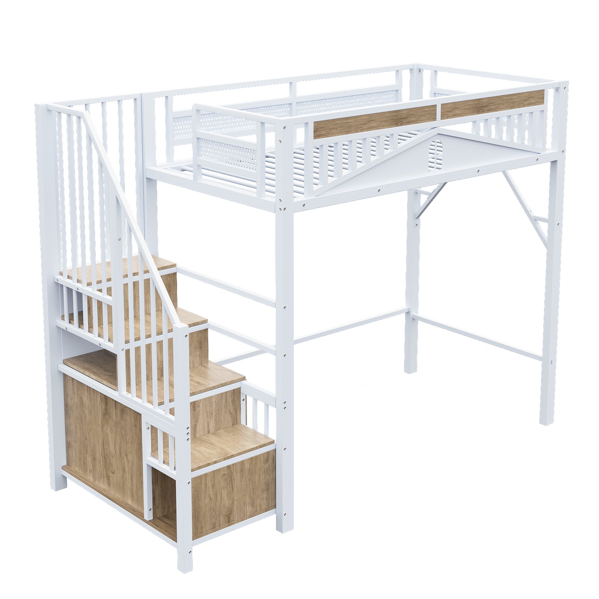 Metal Loft Bed, 90x200cm with Safety Enclosure, Ladder & Locker, White