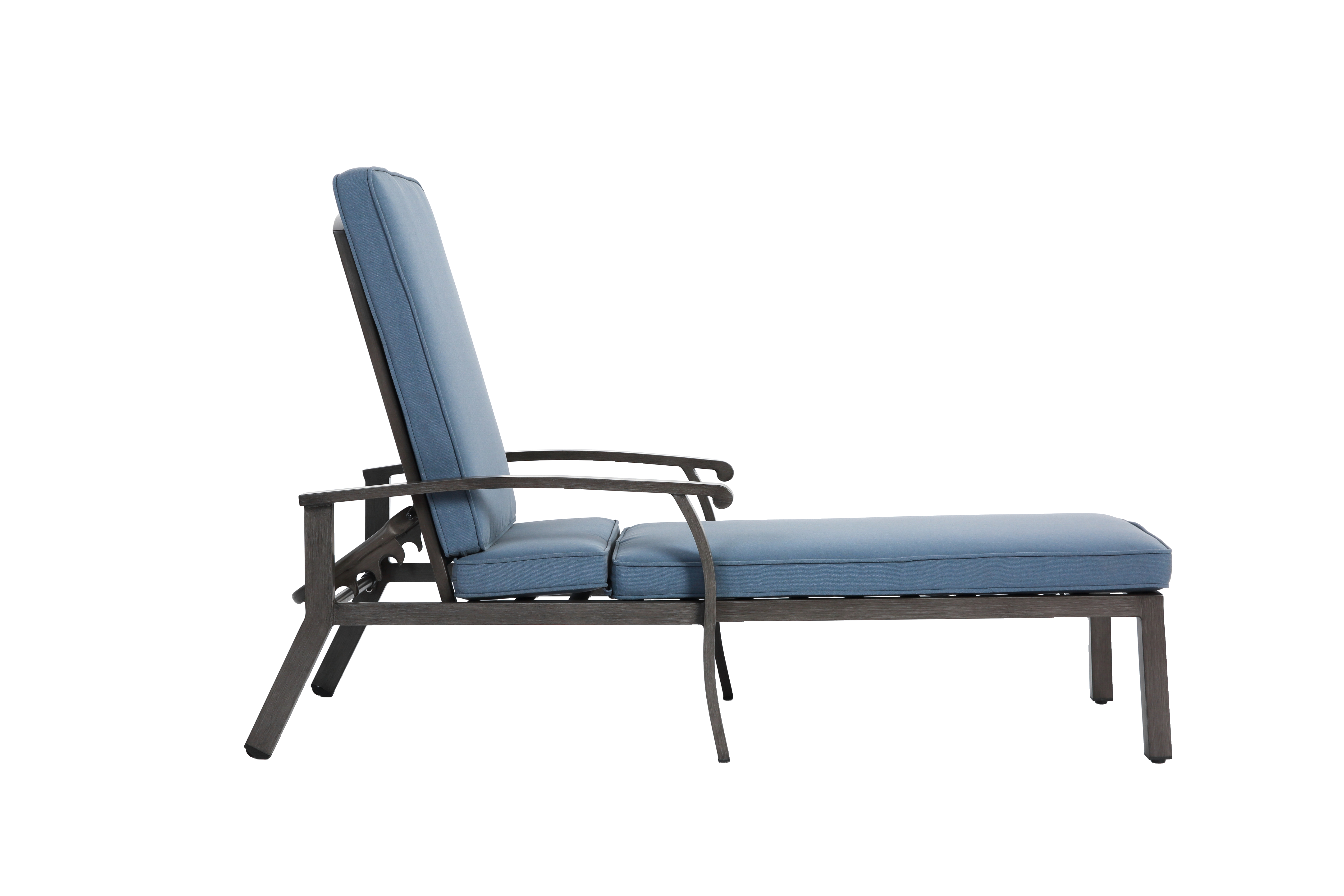 Lounge Patio Chair, Adjustable Reclining Rustproof Aluminum, Waterproof Blue Cushion