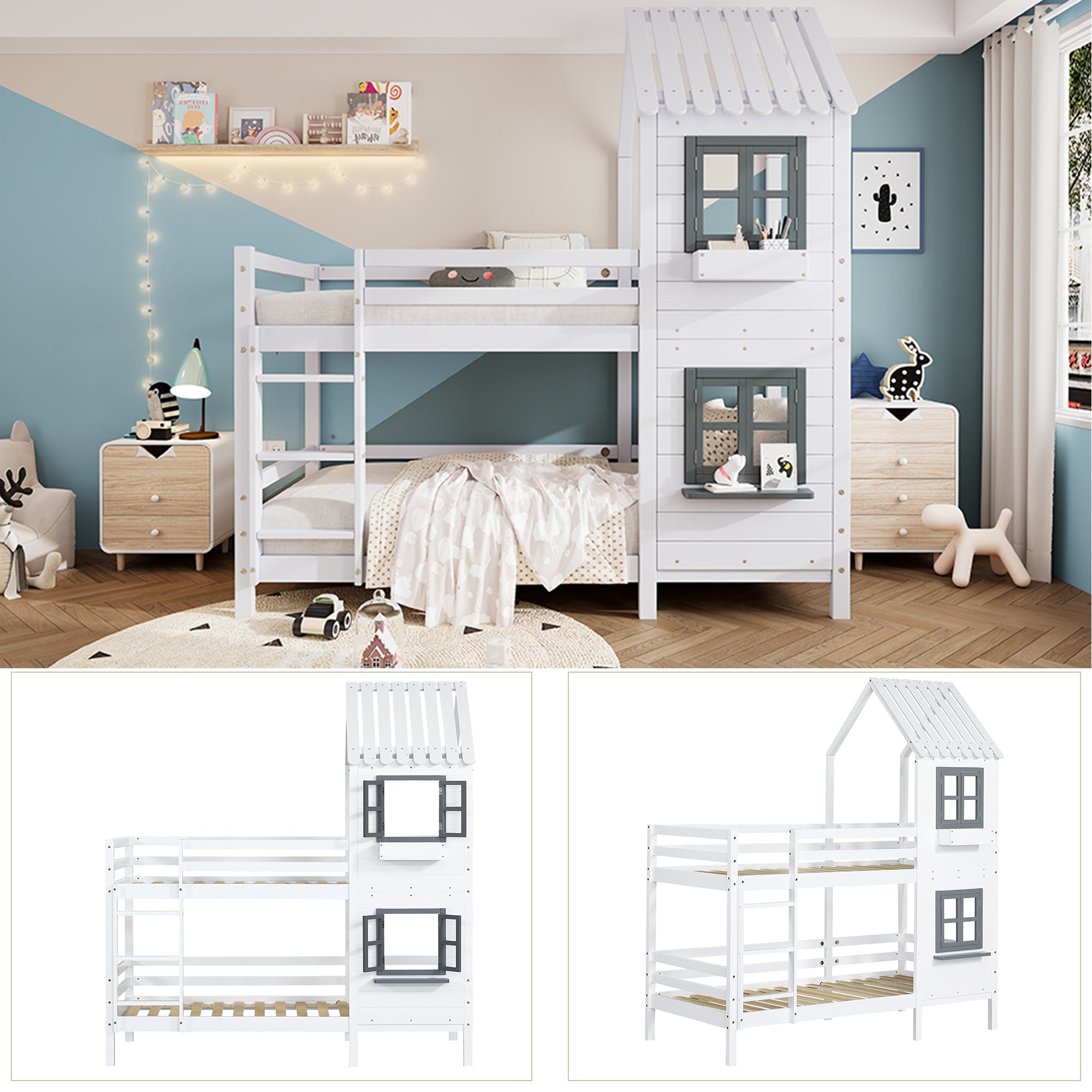 Bunk Bed, House Bed with Handrail & Window, Pine Frame, White