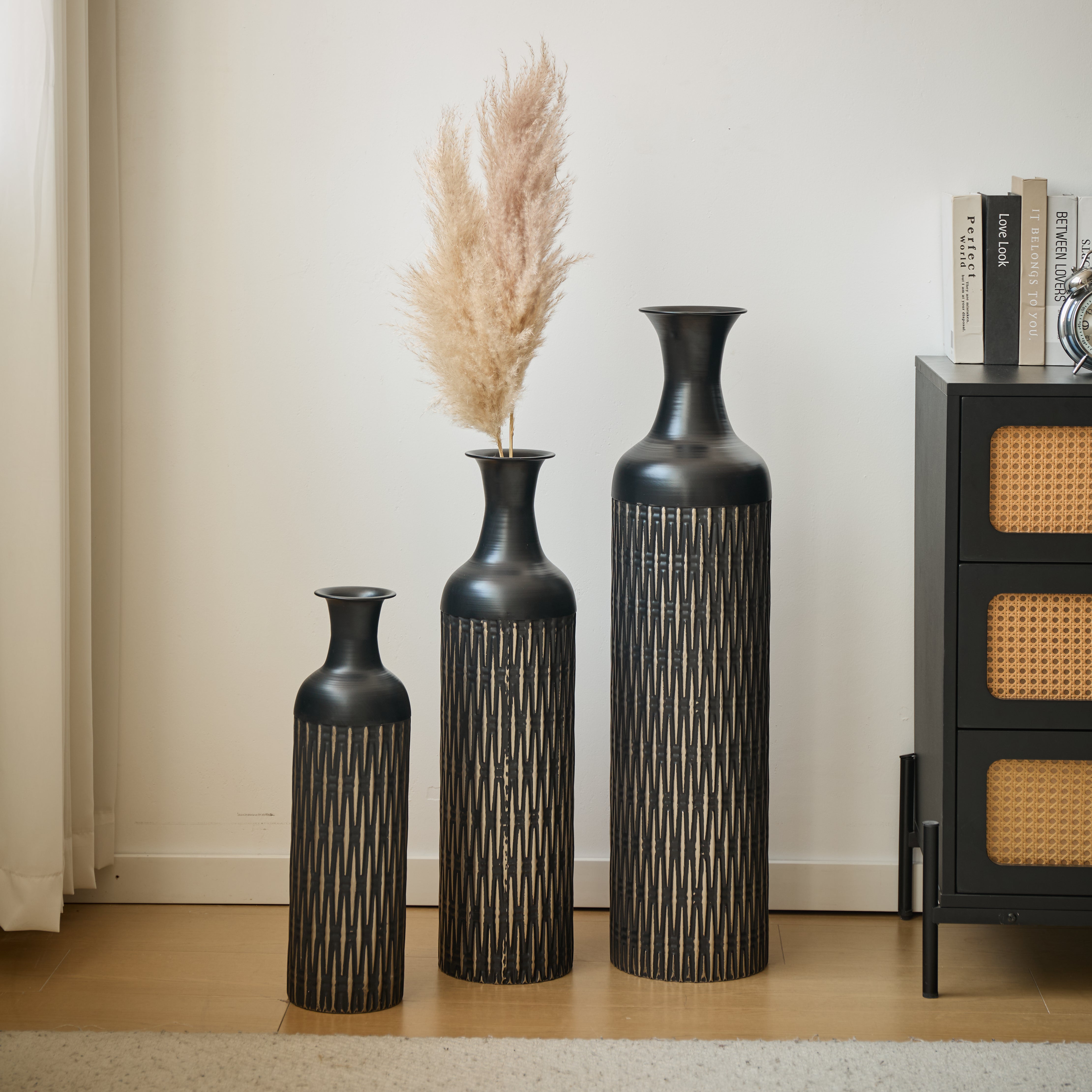 Black Floor Vase Set, 83/65/50cm High 3-Piece Retro Decorative, Metal