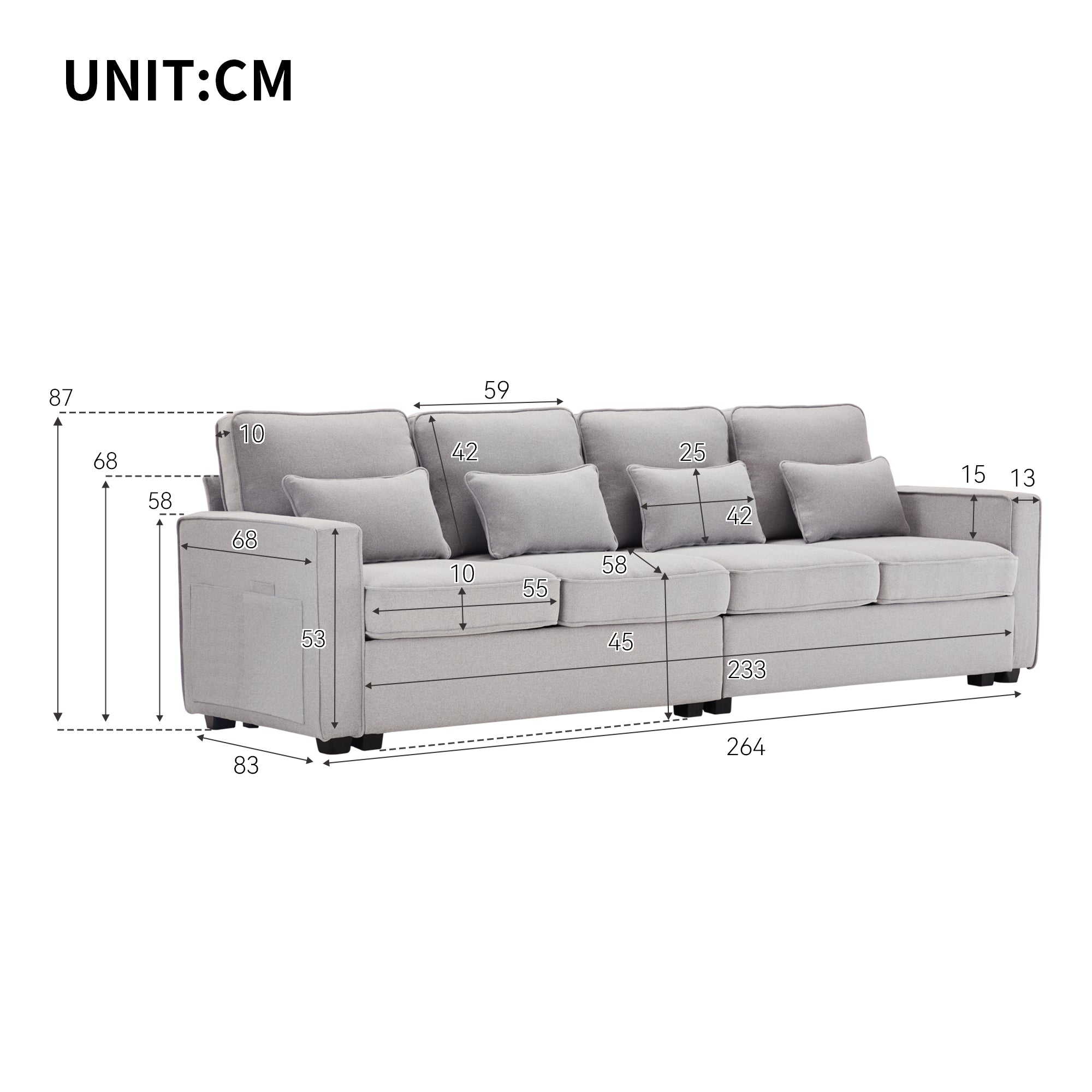 Sofa, 4-Seater with Armrest Pockets & 4 Pillows, Linen Fabric