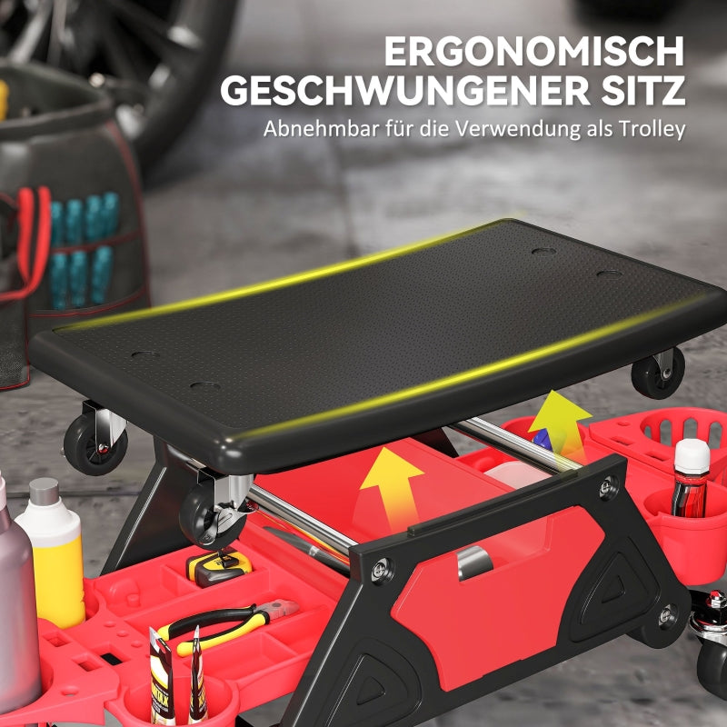 Workshop Stool, Removable Wheels, Storage, Drawer, Red