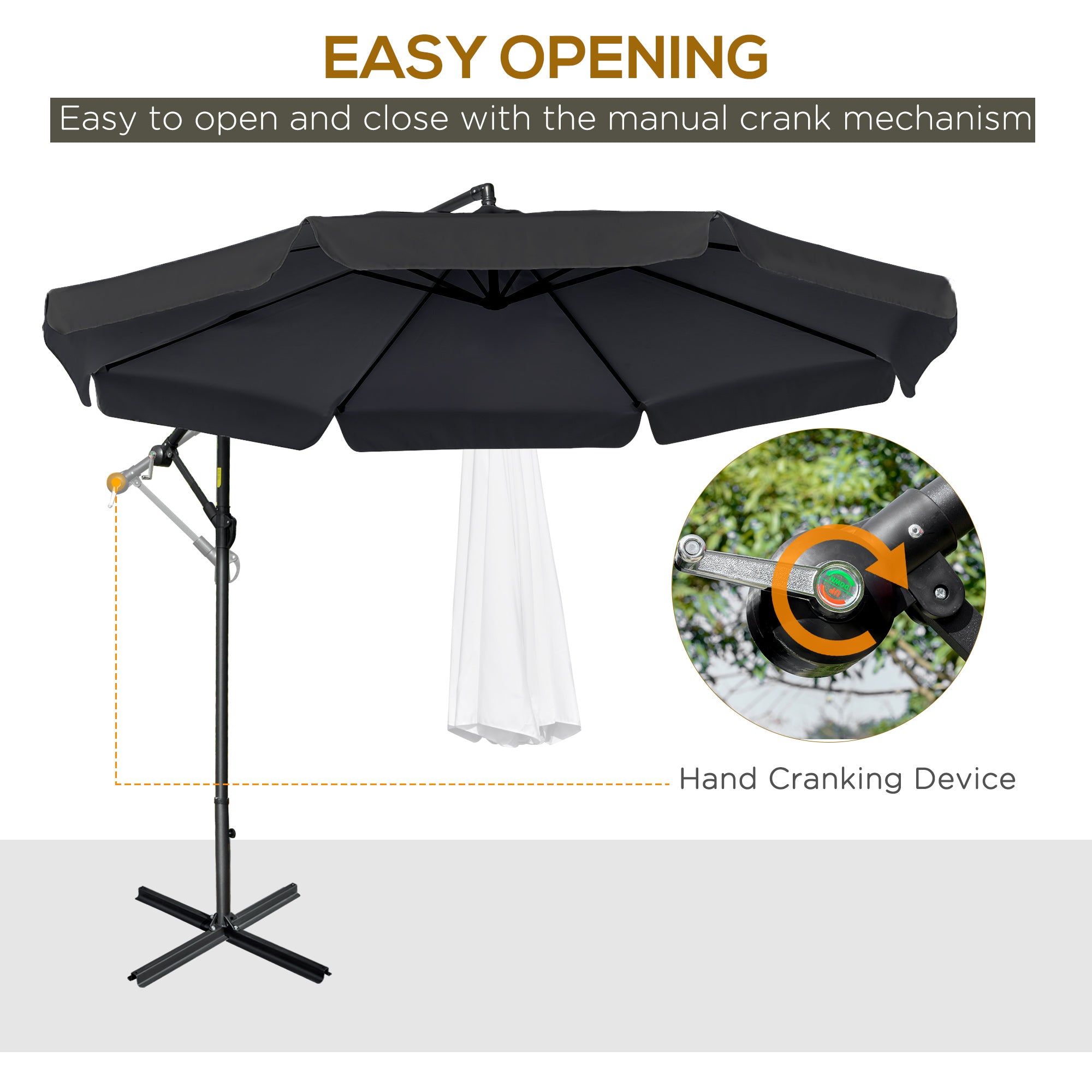 2.7m Banana Cantilever Parasol Umbrella with Crank Handle and Cross Base, Black