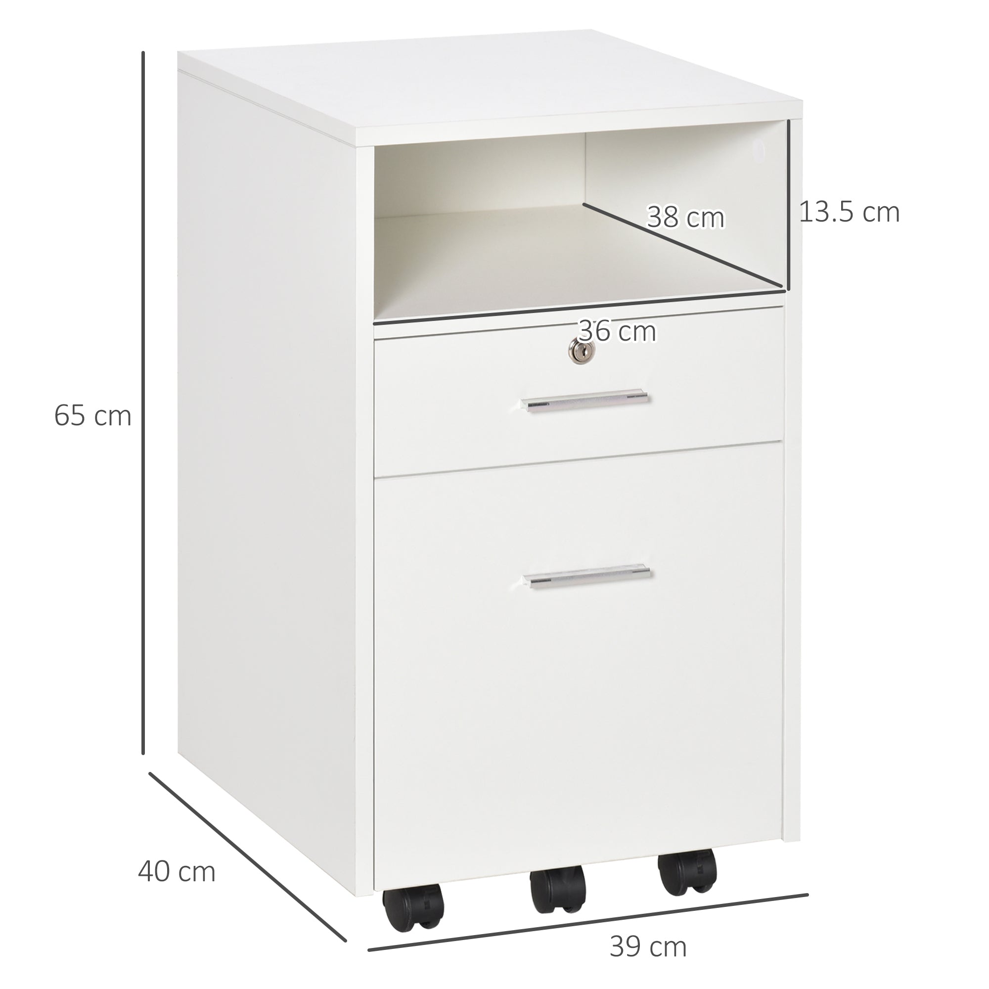 Lockable Filing Cabinet with Two Drawers and Wheels - White