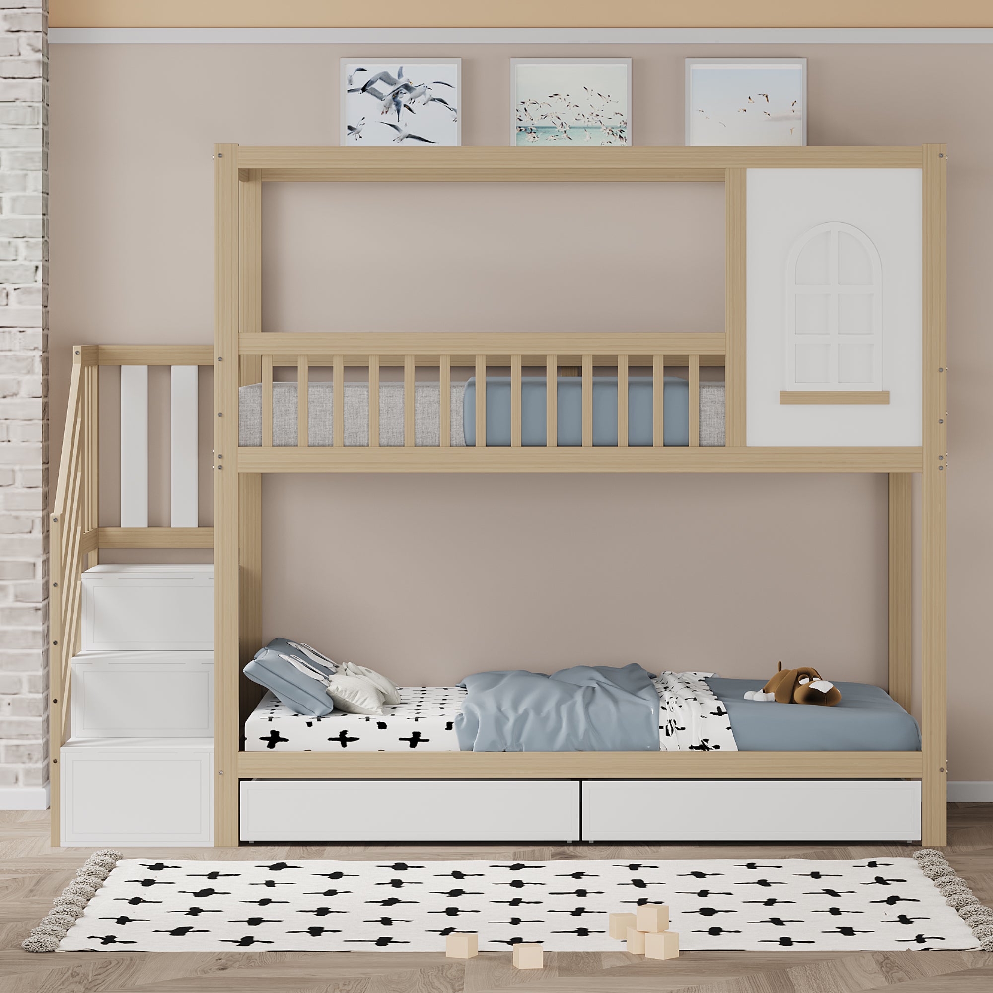 Bunk Bed, 90x200cm House Shape with Drawers & Ladder, Solid Wood, Wood Color