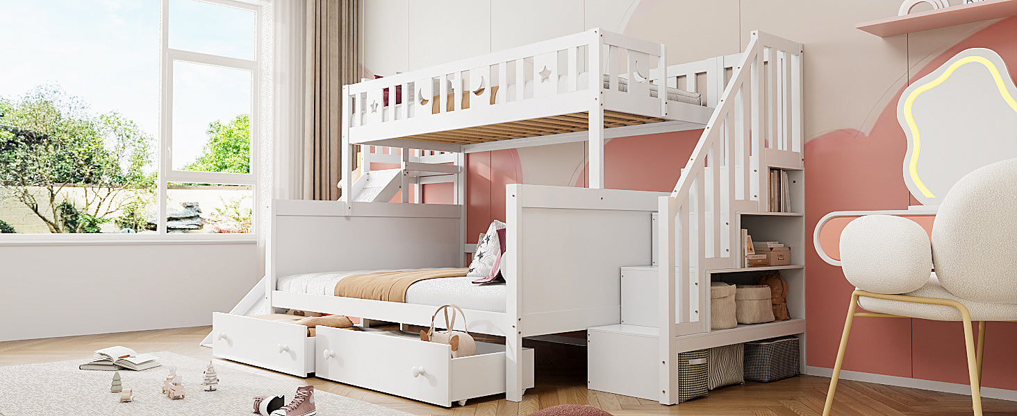 Children's Bed Bunk with Slide, Shelf, Drawers, White