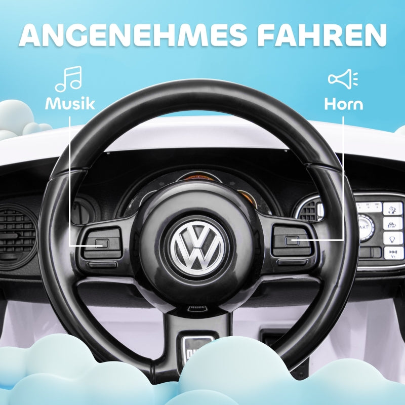 AIYAPLAY Electric Ride-On Car, VW Beetle, 3-5 km/h, with remote control and music, white