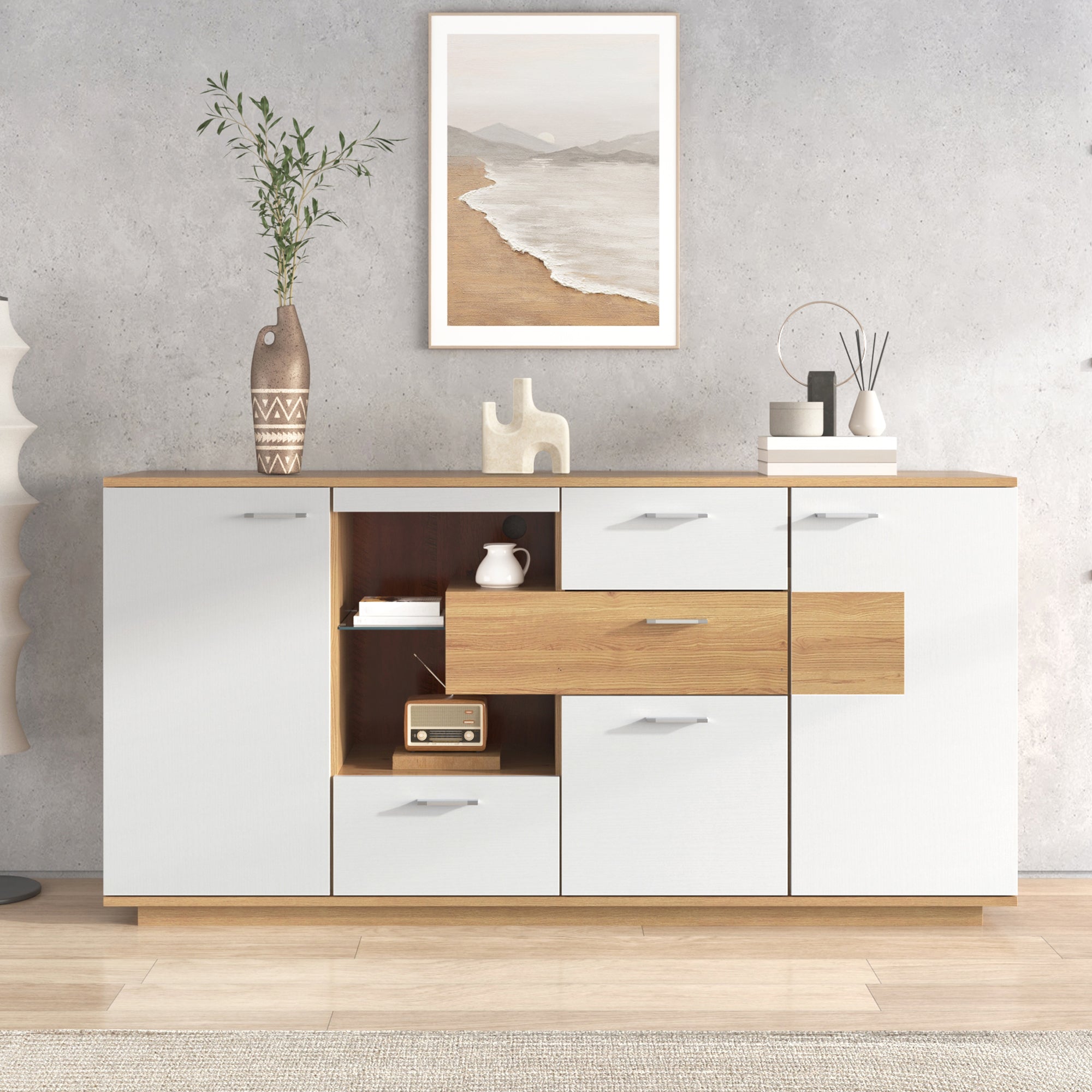 Sideboard Cabinet, 160x40x77cm, LED Lighting, 2 Doors, 4 Drawers, Glass Shelf, White Wood Look