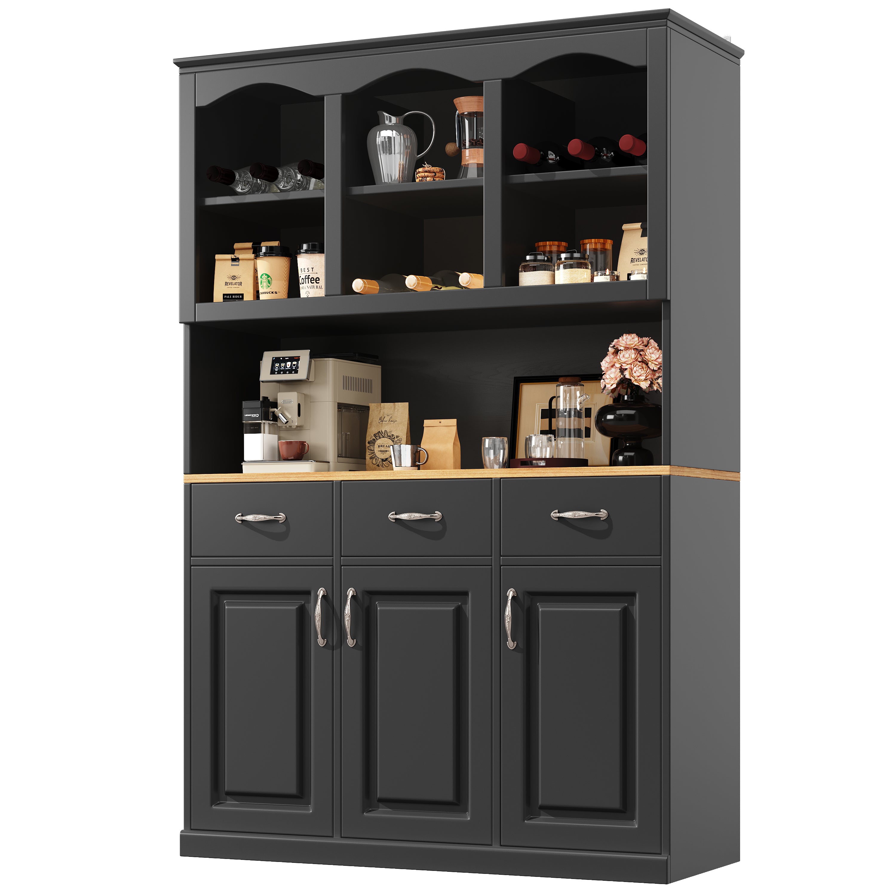 Kitchen Cabinet Tall Buffet 120cm 3 Doors 3 Drawers LED Black