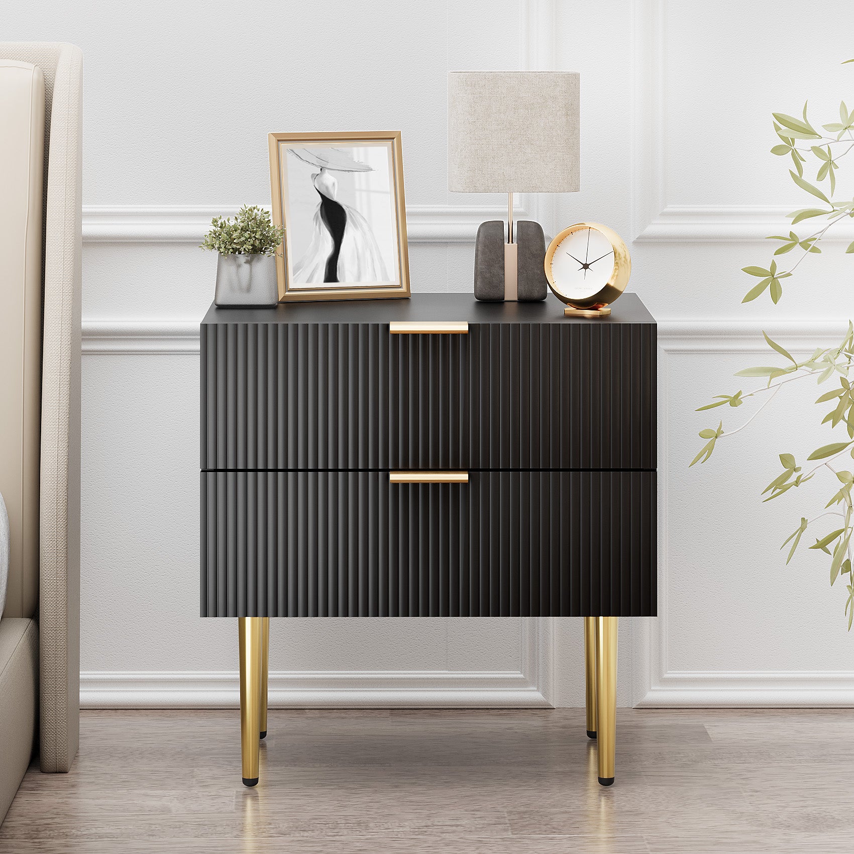 Bedside Table, 2 Drawers, Metal Legs, Black