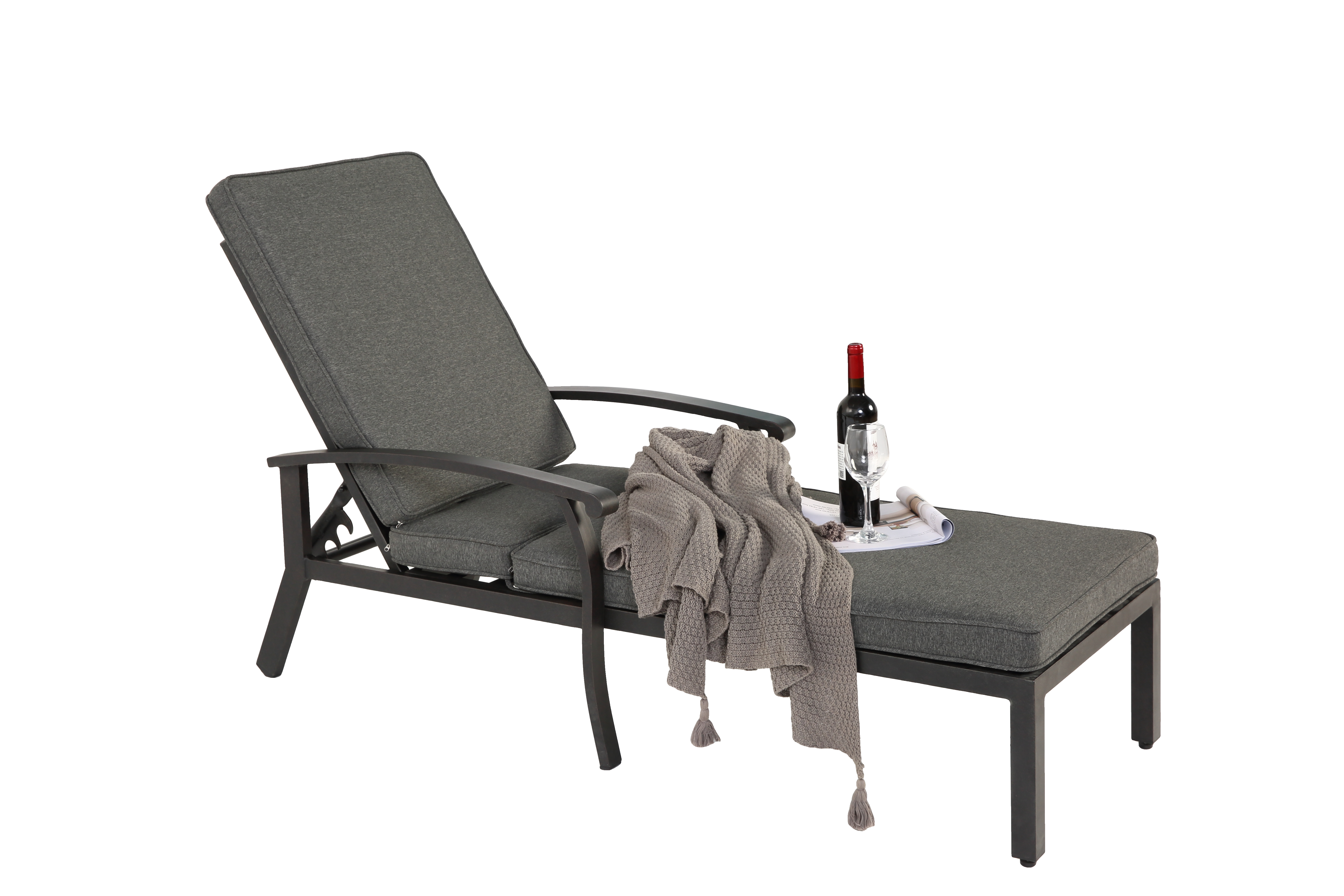 Lounge Patio Chair, Adjustable Reclining Rustproof Aluminum, Gray Cushion