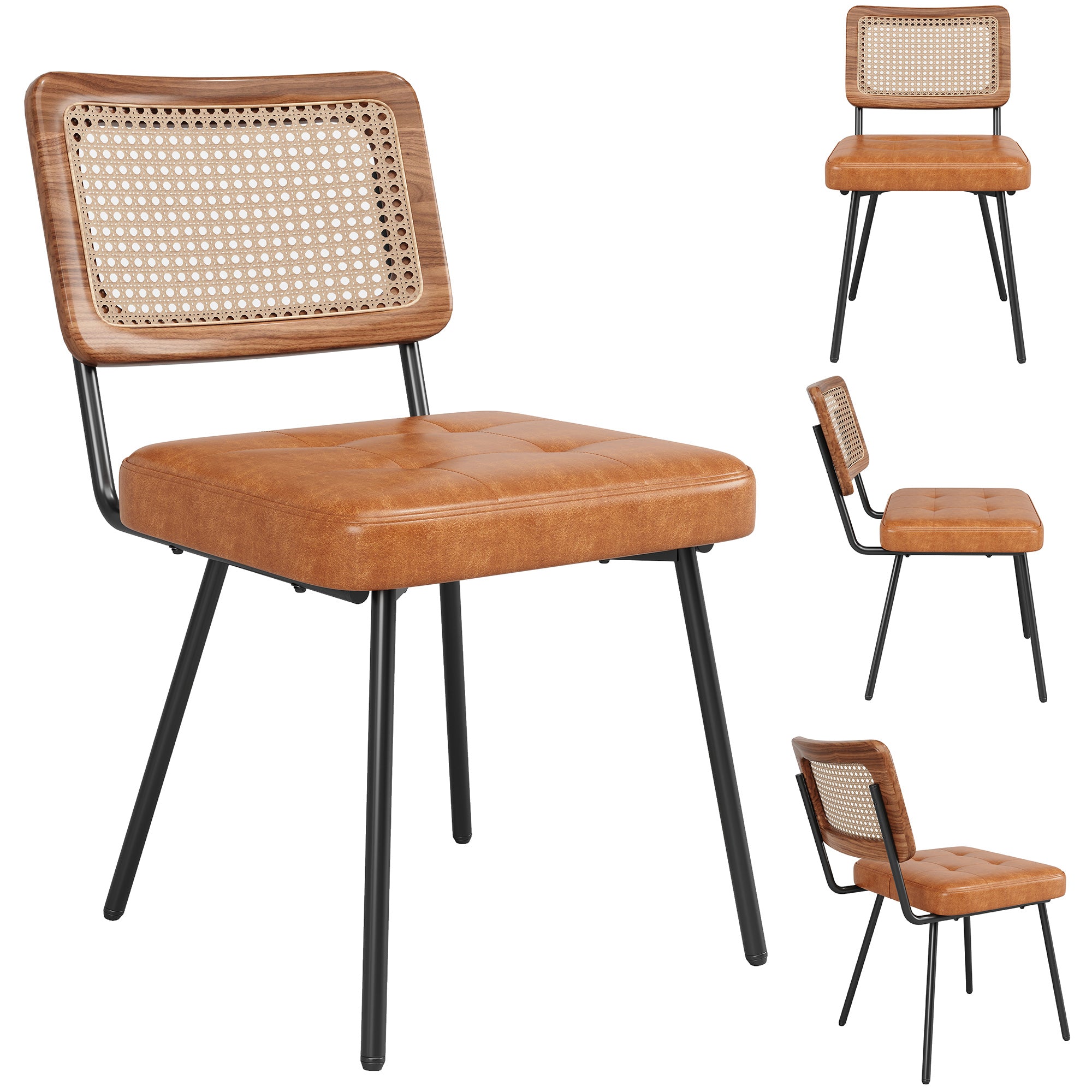 Ergonomic Dining Chair Set of 4, Rattan Retro Design, Faux Leather