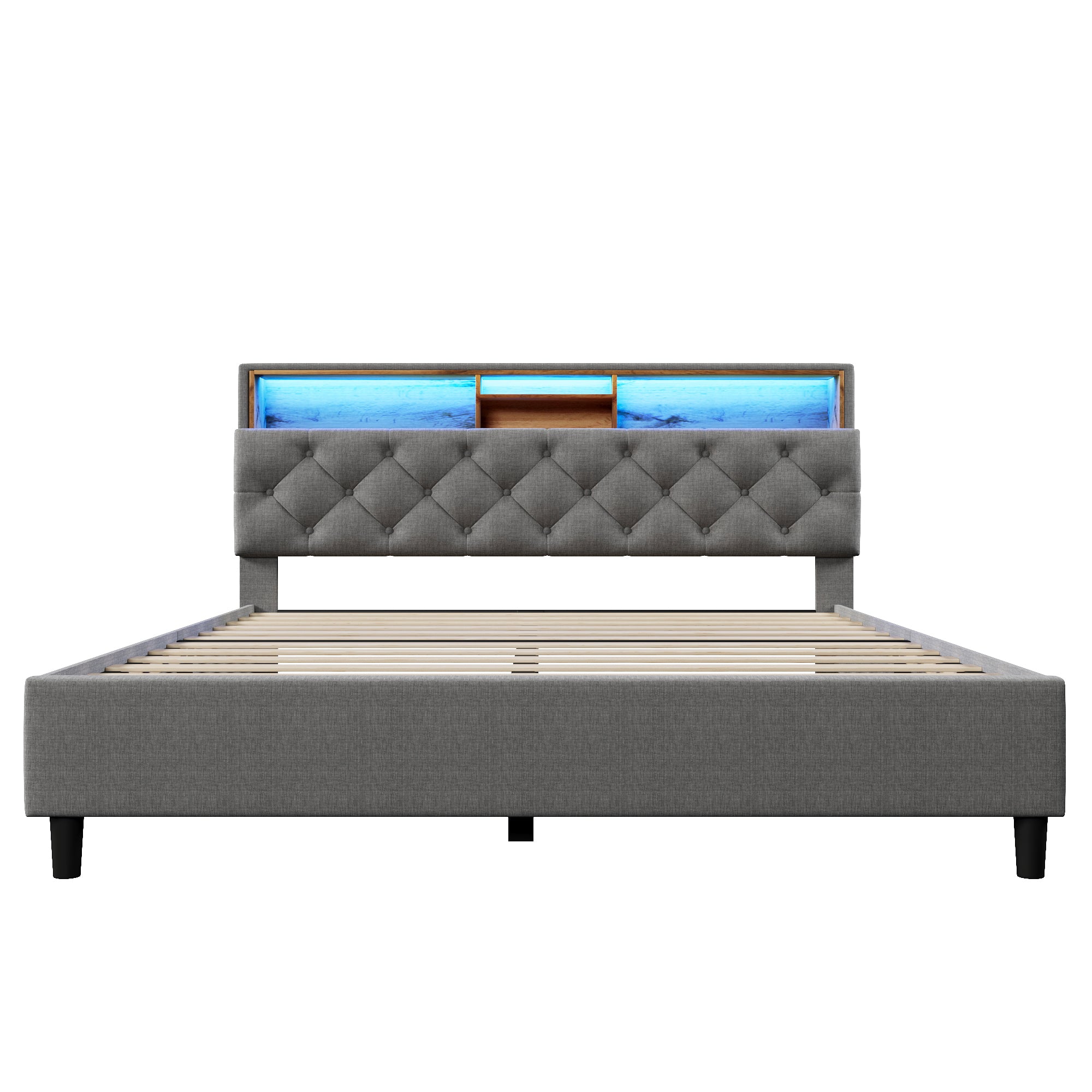 Upholstered Double Bed, Storage Headboard LED Lighting Wooden Frame 140x200cm, Grey