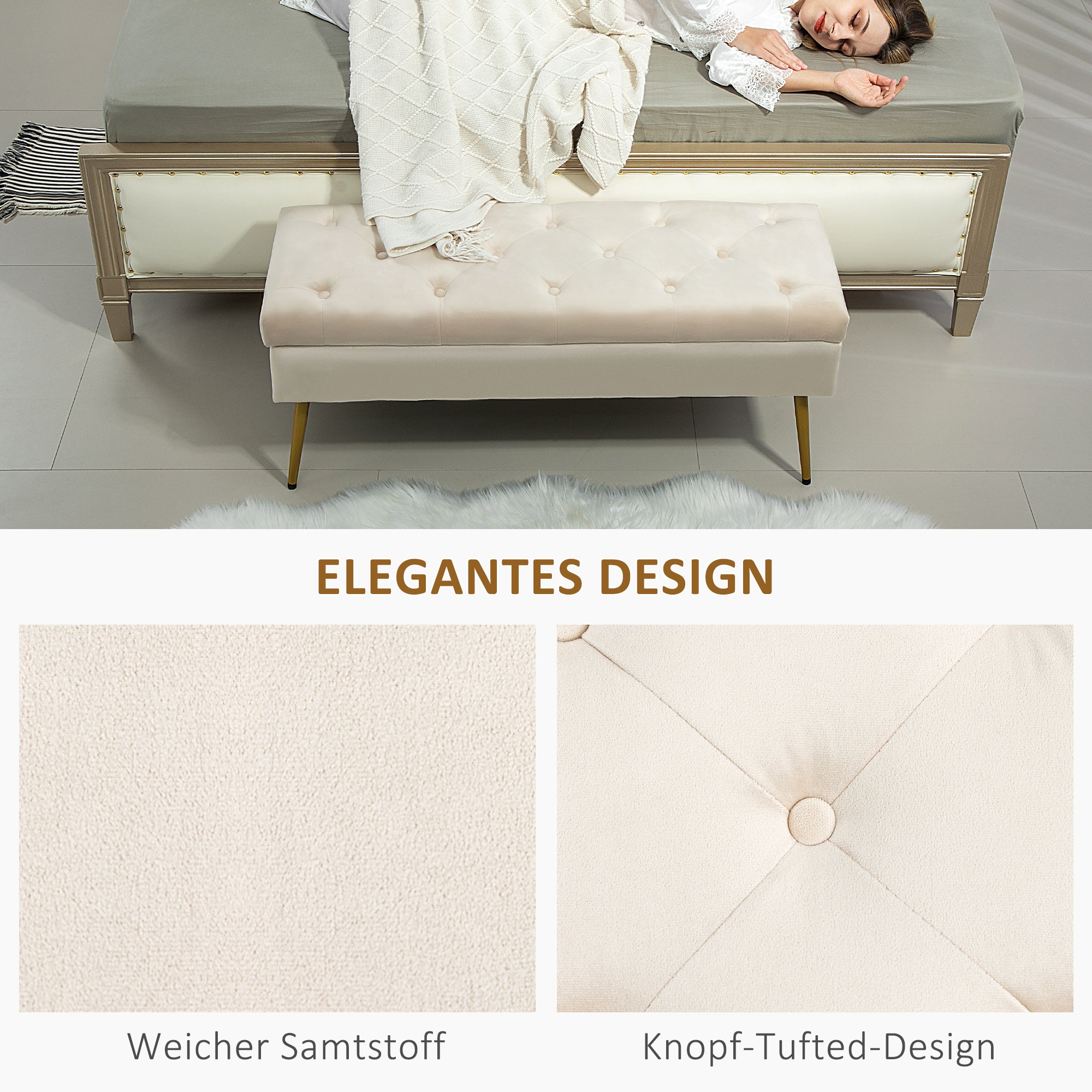 Bench with Storage, Upholstered Lid, Metal Frame, Beige