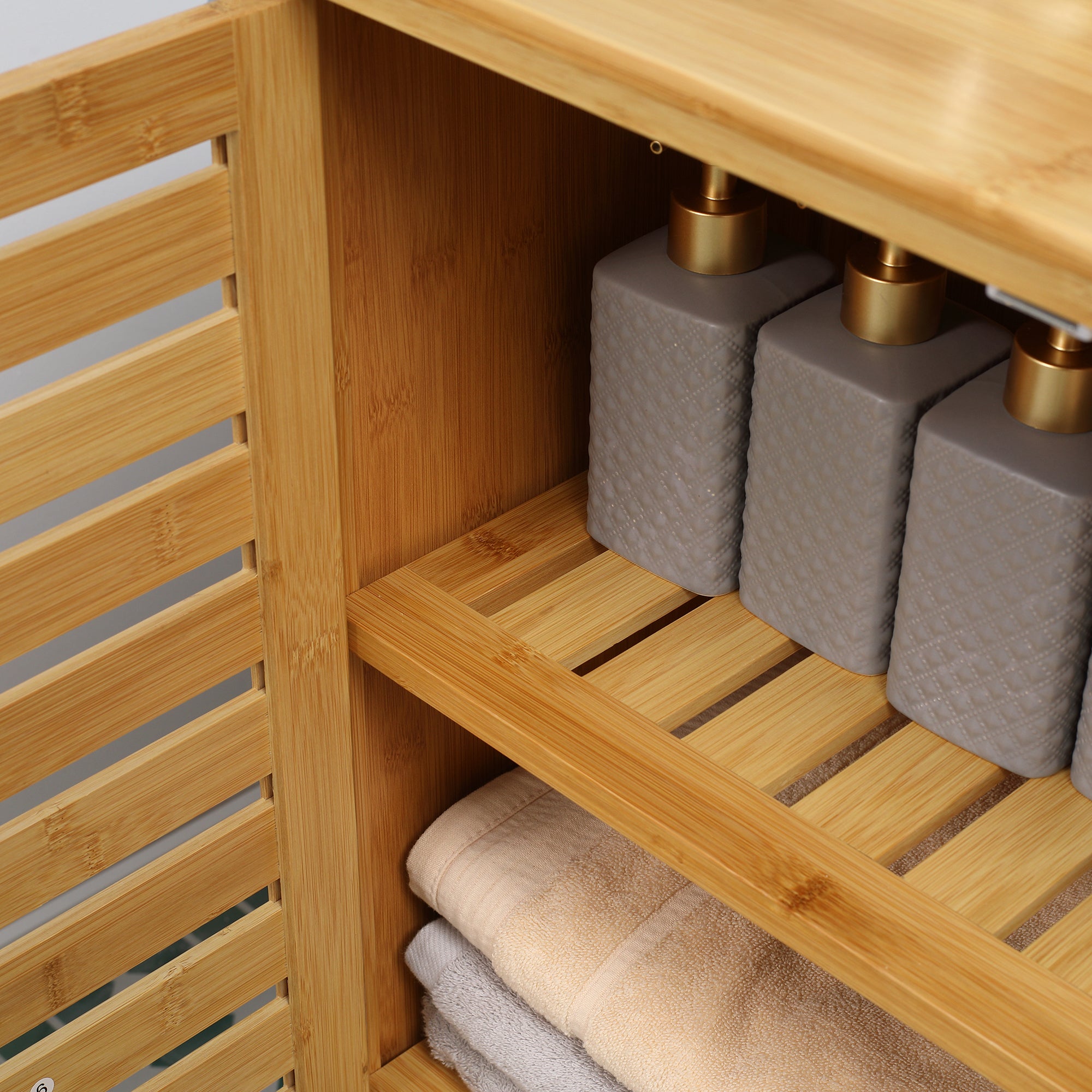 Bathroom Cabinet, 2 Slatted Doors 2 Shelves 68x32x86cm, Bamboo Natural