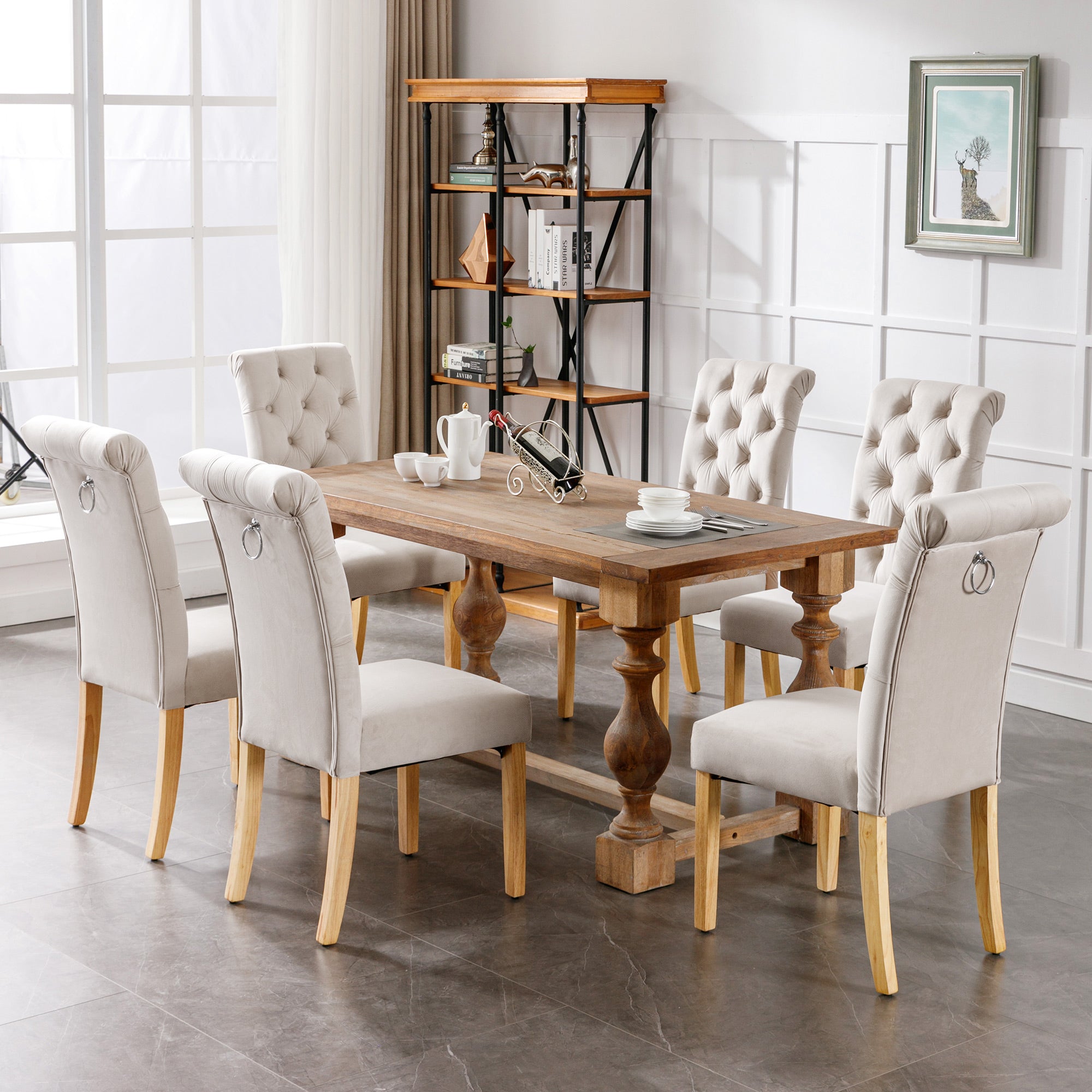 Velvet Dining Chairs Set of 6 with Oak Legs and Chrome Knockers, Beige