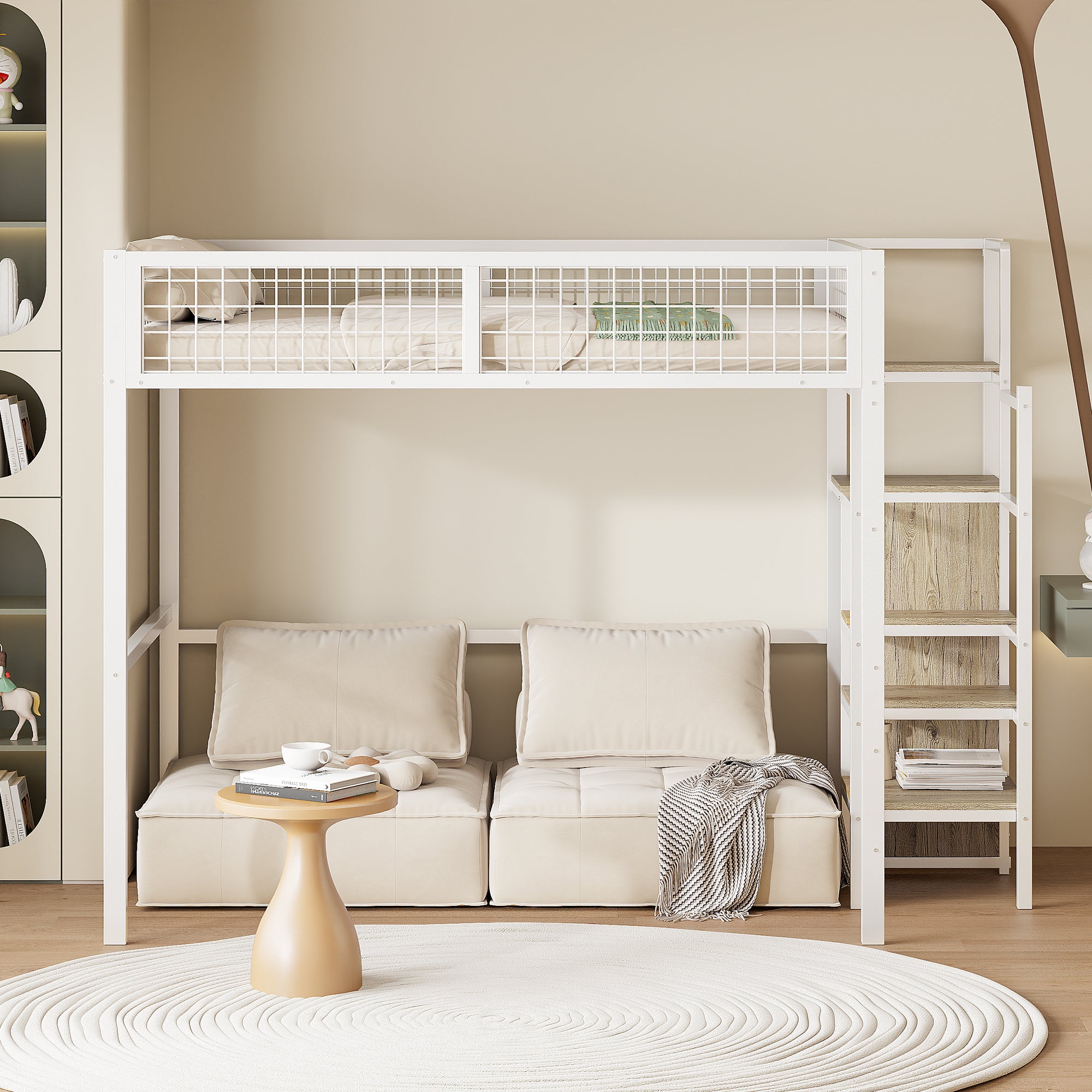 Bunk Bed 140x200 Ladder Storage Shelf Wardrobe Iron Frame White