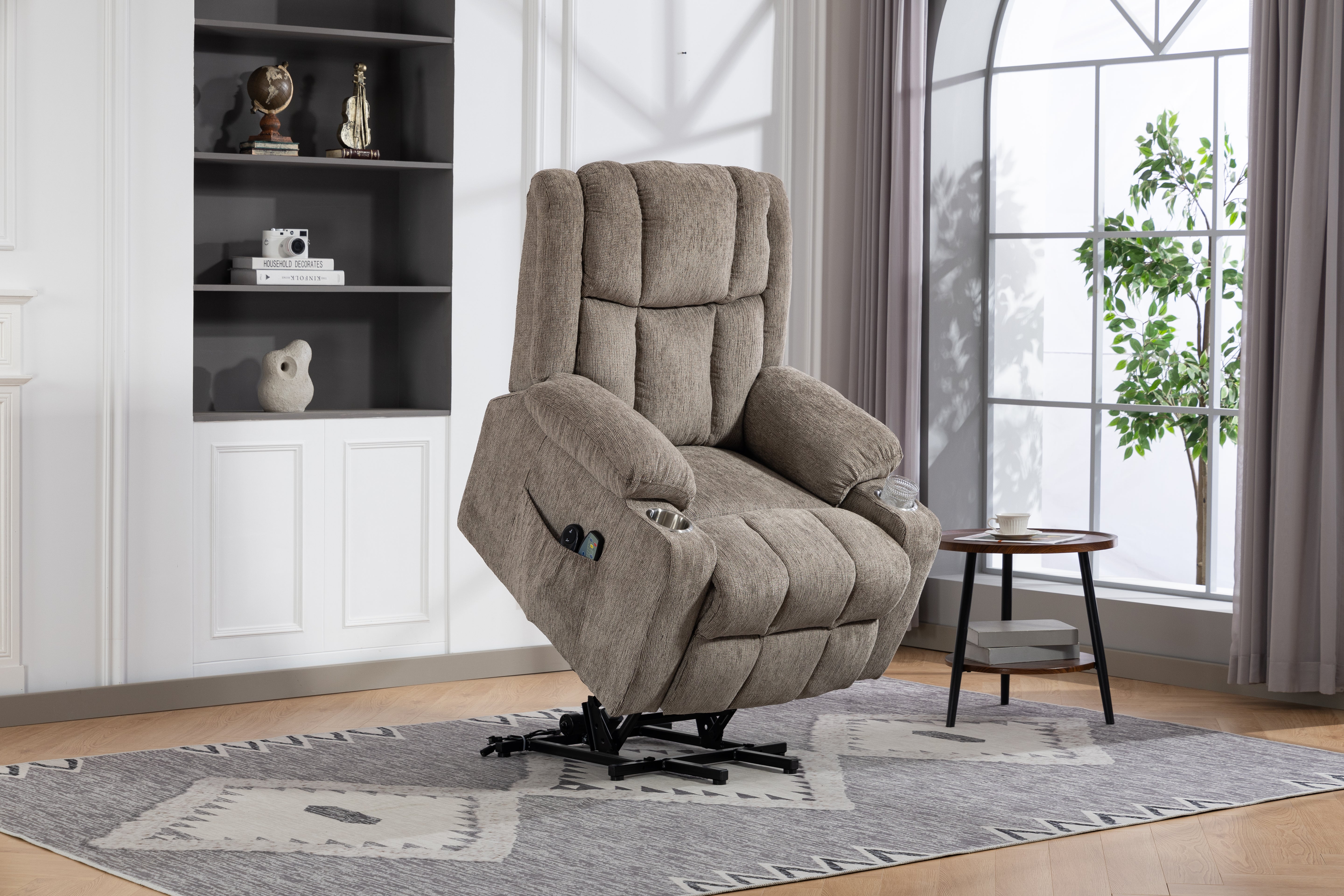 8205 Electric Armchair, Lift Assist, Massage, Heat, Footrest, Side Pockets & Cup Holder, Light Brown