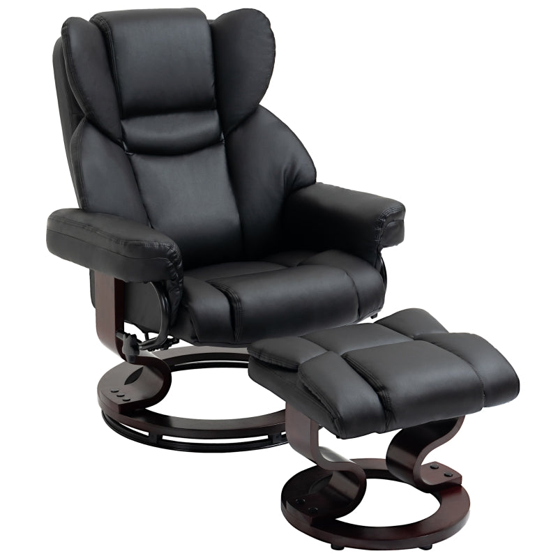 360° Swivel Recliner Chair with Footstool, Manual Recliner Armchair, Black PU Leather