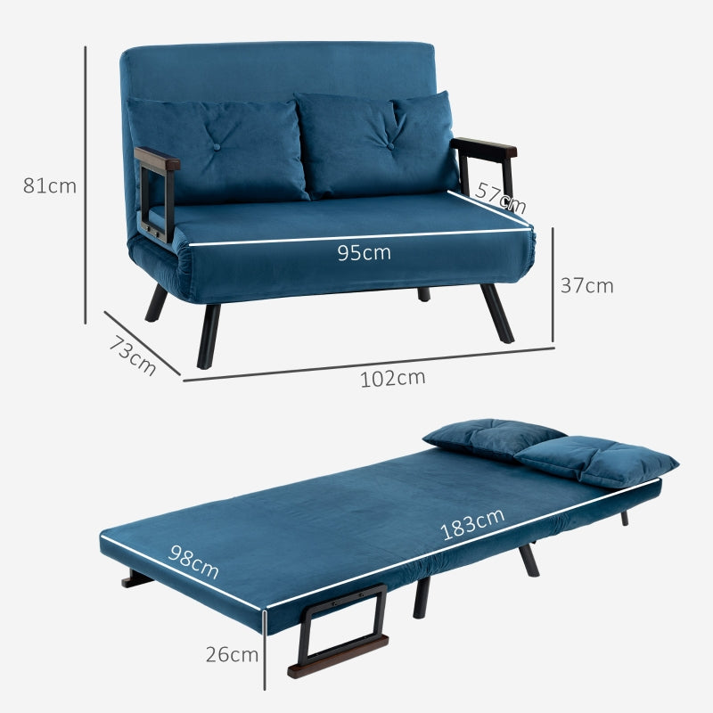 Double Sofa Bed 4-in-1 Convertible with Pillows, Velvet-Feel Blue