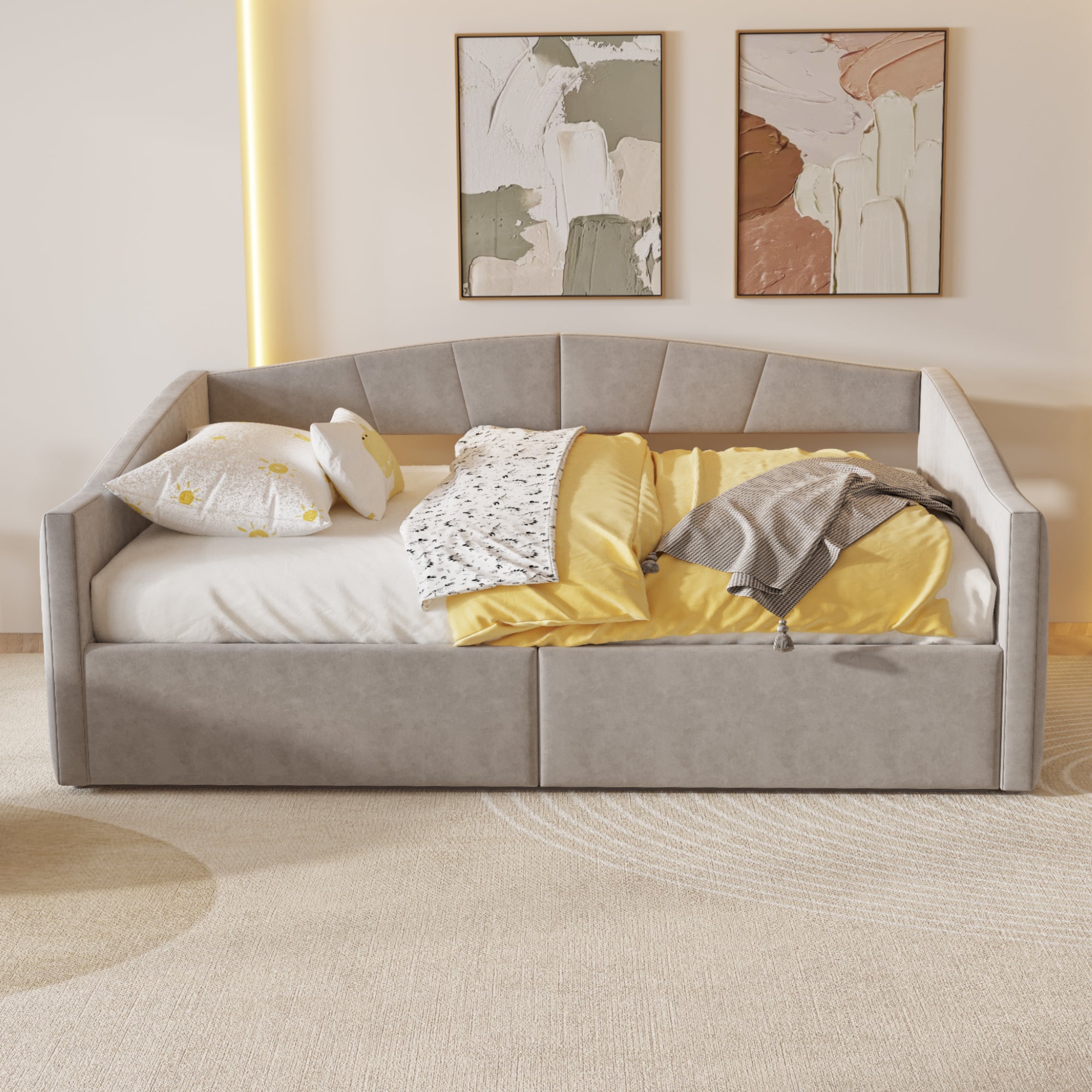 Upholstered Sofa Bed, 140x200cm Hydraulic Storage Slatted Frame Armrests, Light Grey Velvet