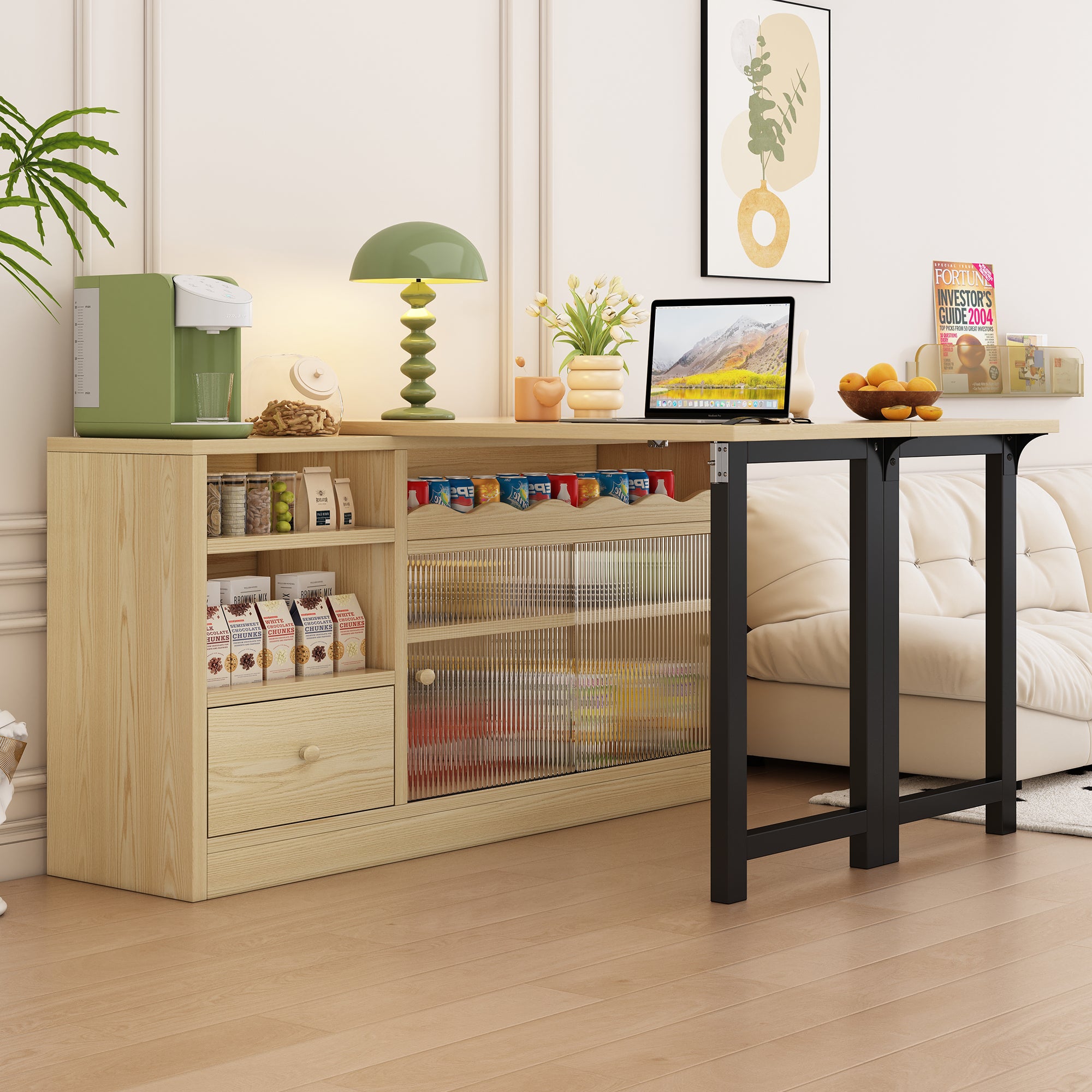 Extendable Folding Dining Table with Storage & 360° Rotation - Natural/Black