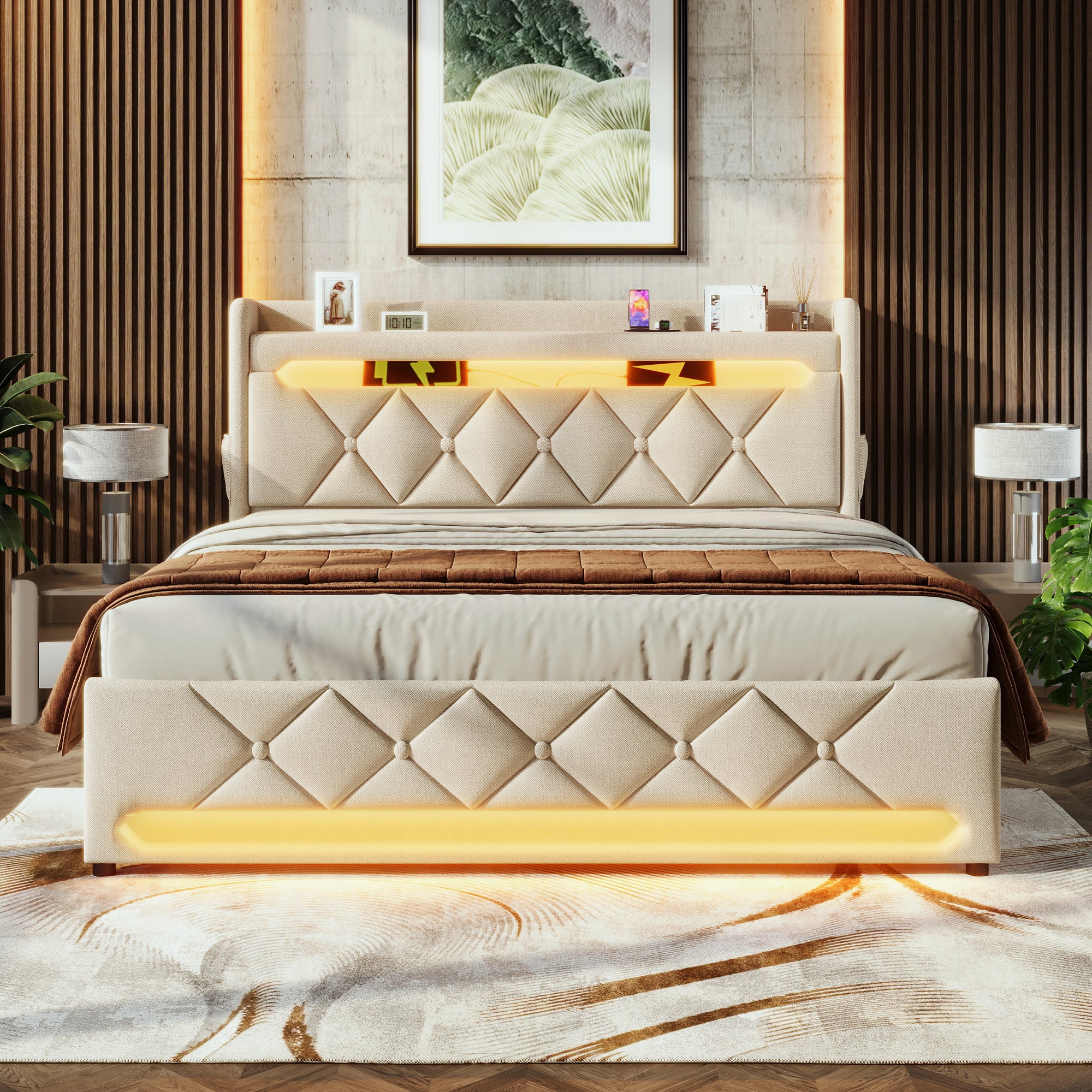 Upholstered Double Bed 160*200, Hydraulic Storage & LED Headboard with USB & Type-C, Beige Linen