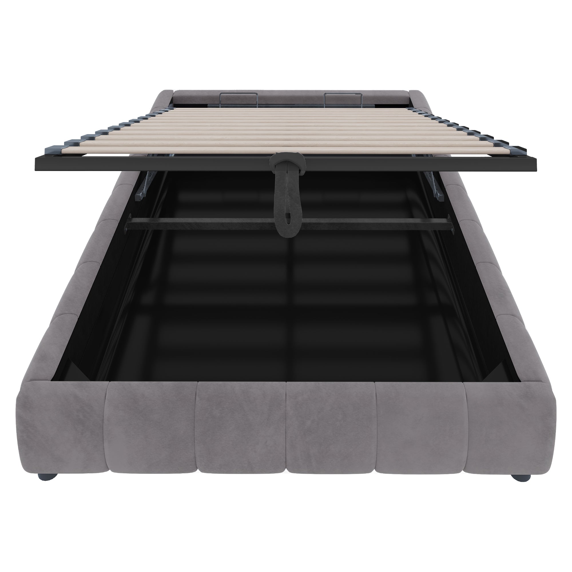 Upholstered Bed, 140x200cm LED Floating with Storage, Grey