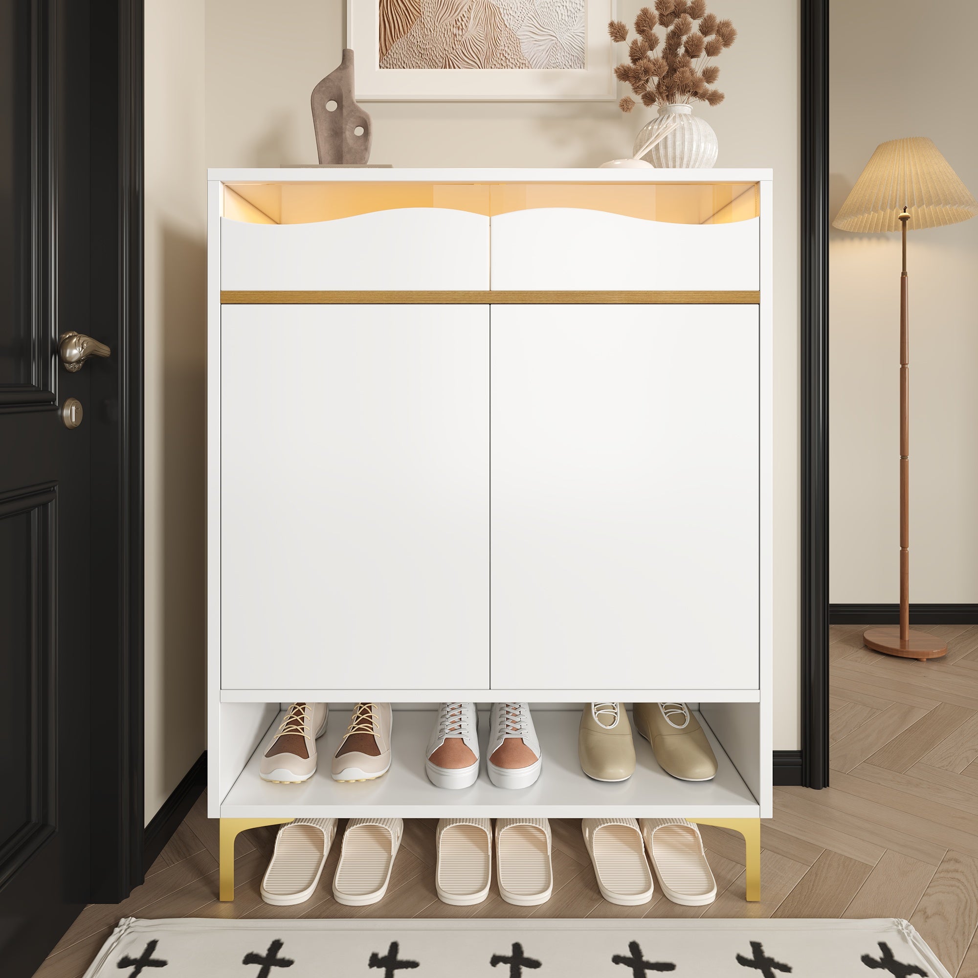 Shoe Cabinet, LED 16 Colors, Drawers & Shelves, Modern White