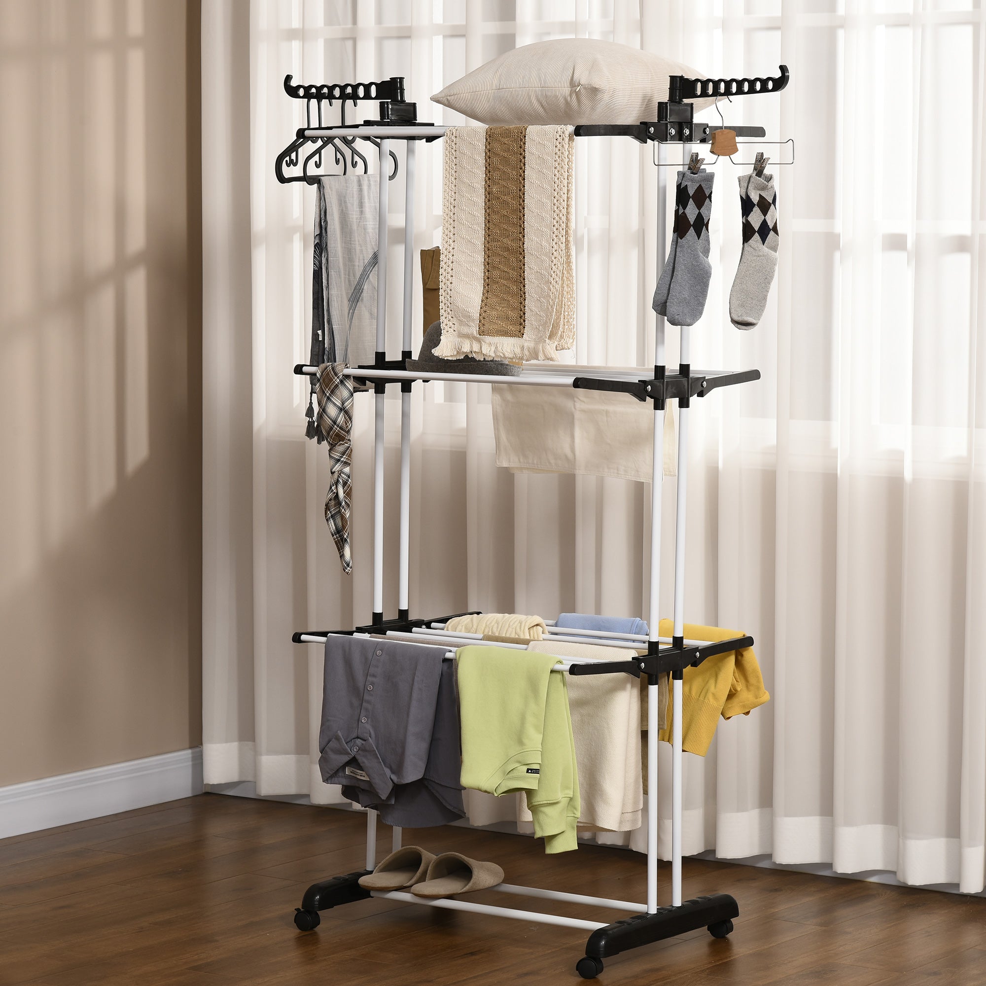 Clothes Drying Rack, Tower-Style 4 Levels Extendable with Wheels, Black